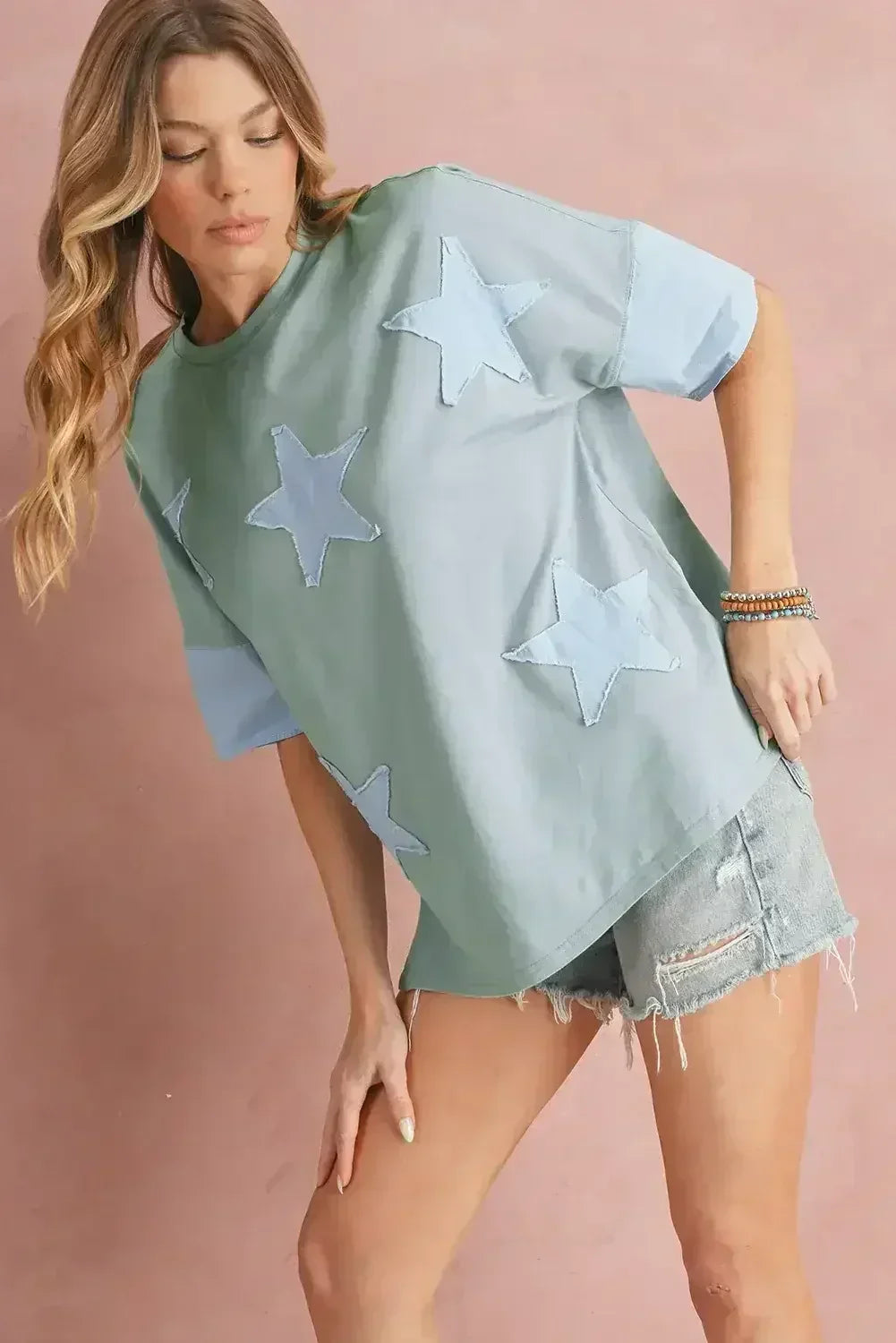 Aruba Blue Frayed Star Patched 4th of July Oversize T Shirt
