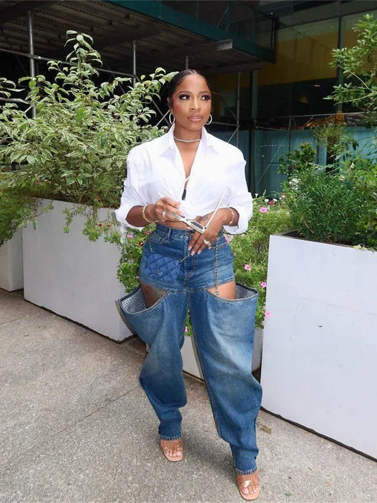 Hollow Elastic Women Demin Jeans High Waist Pockets Causal Vintage Bottoms Female Fashion Y2K Streetwear Clothing