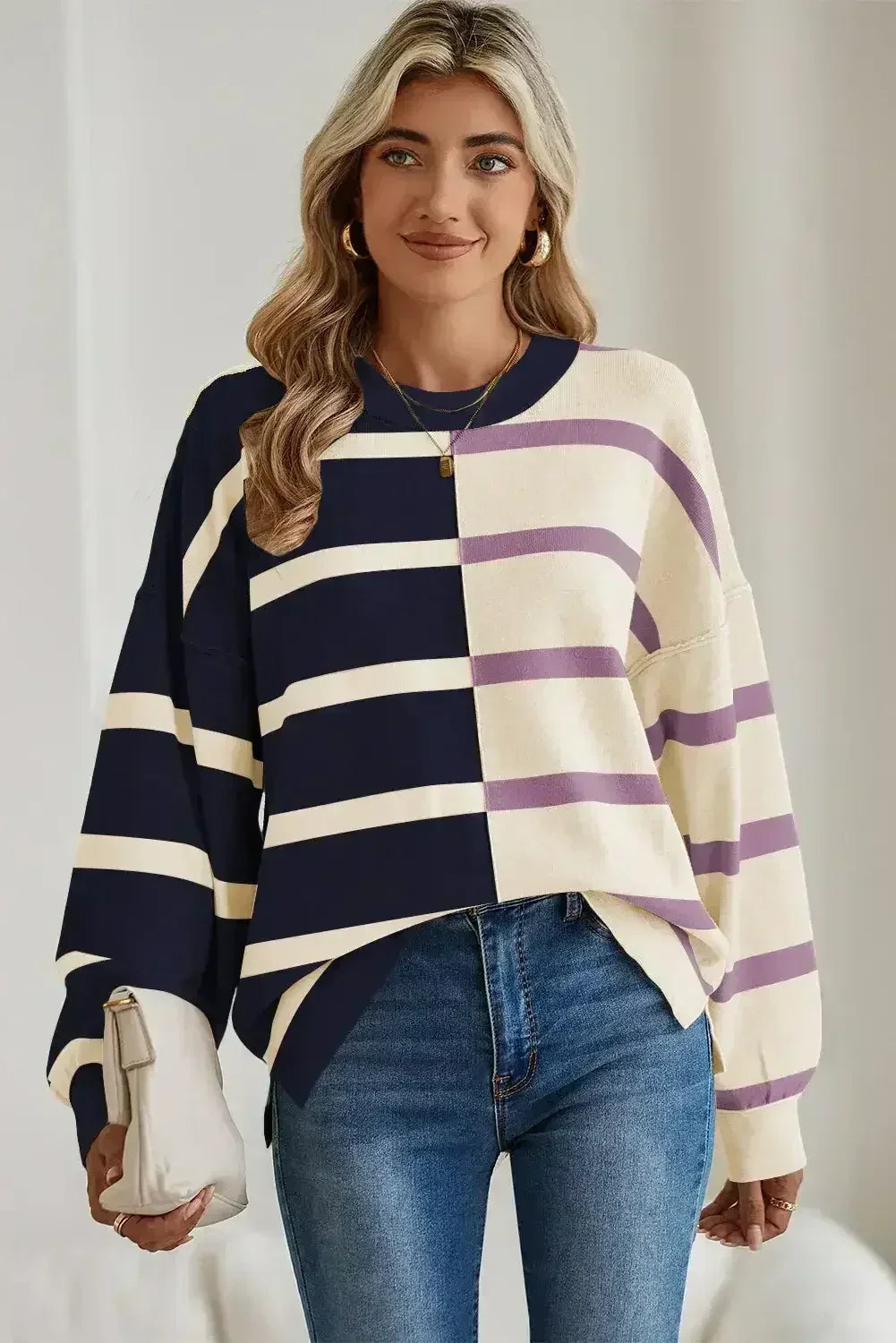 Pink Striped Patchwork Drop Shoulder Sweater