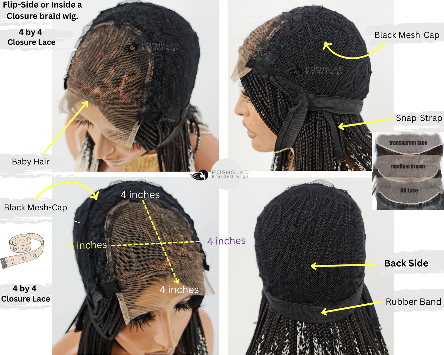 Shade Box Braid Wig, 4x4 Closure Lace, Color 1B, Waist Length, Glueless