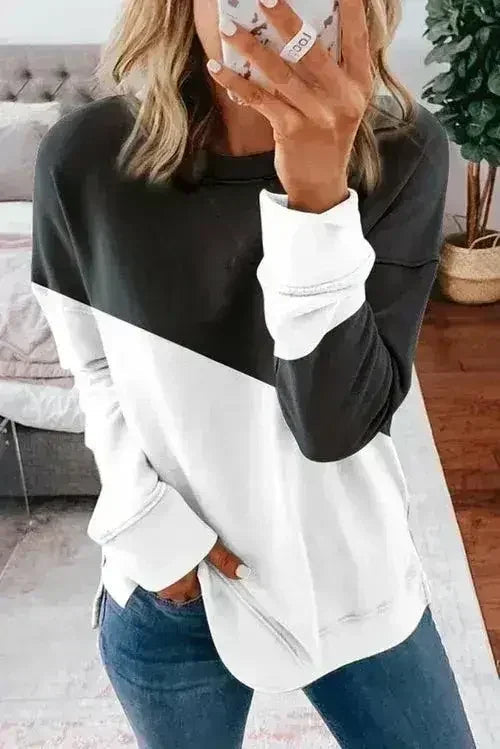 Black White Patchwork Dropped Shoulder Sleeve Sweatshirt