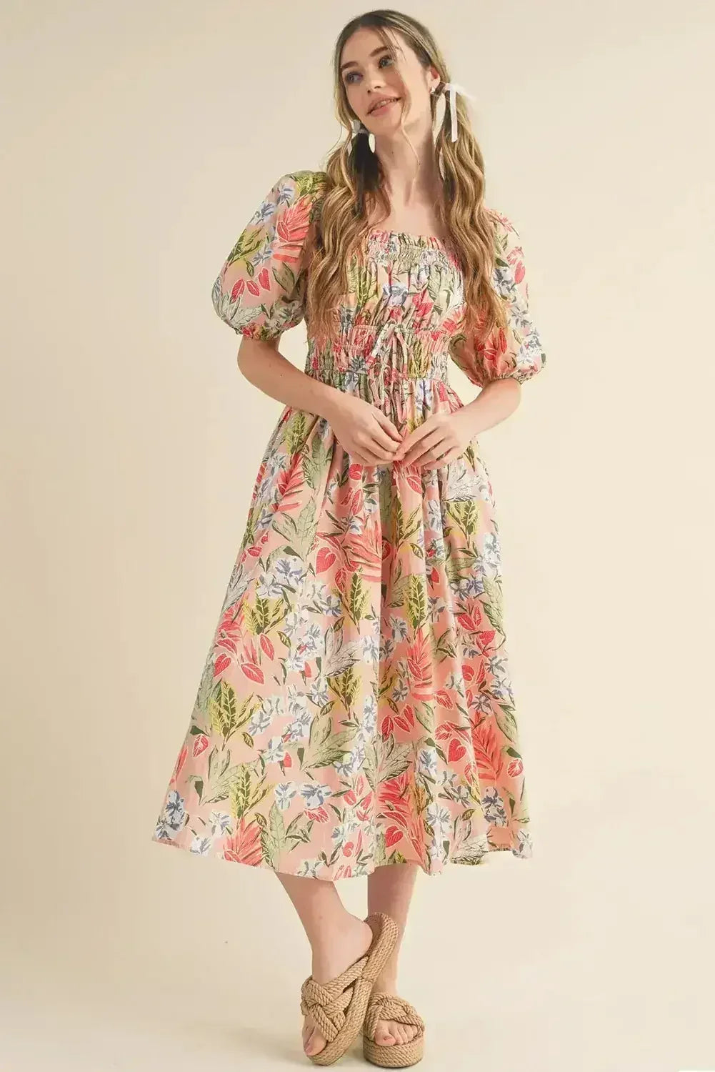 Apricot Pink Floral Knot Front Smocked Bubble Sleeve Dress