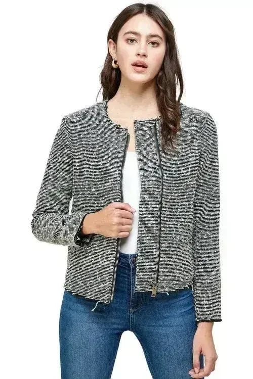 Boucle Tweed Biker Jacket - Textured Zip-Up Jacket for Women | Femstylo