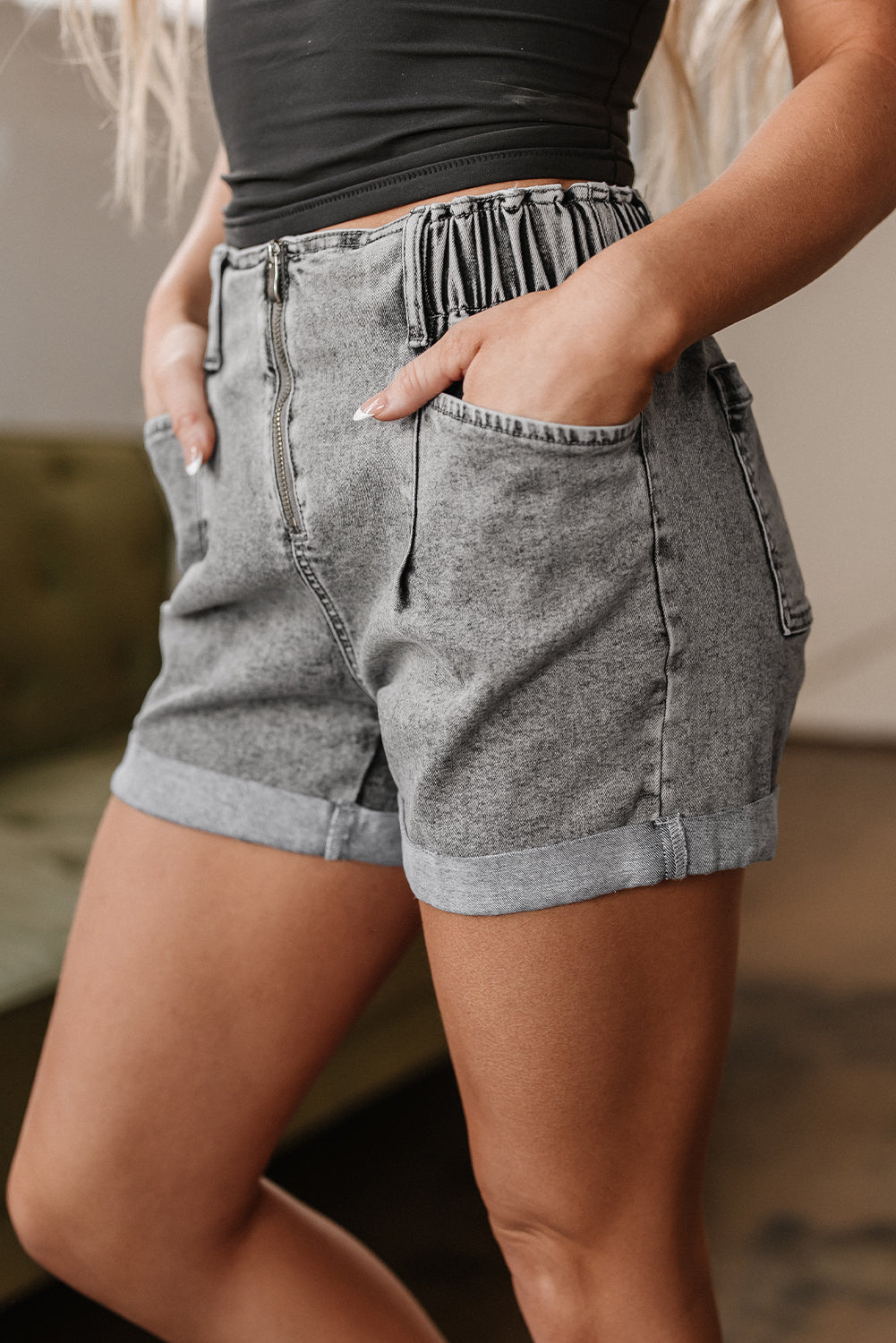 Blaire Zipped Light Wash Cuffed Edge Denim Shorts
