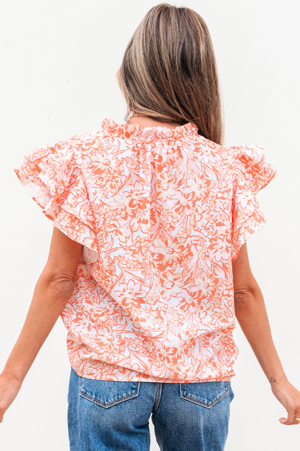 Nancy Floral Ruffle Sleeve Split Neck Blouse