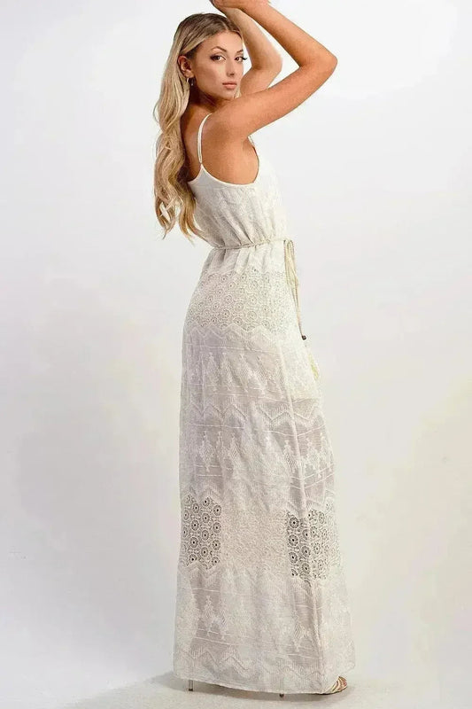 Boho Aztec Embroidered Maxi Dress Adjustable Straps - Femstylo