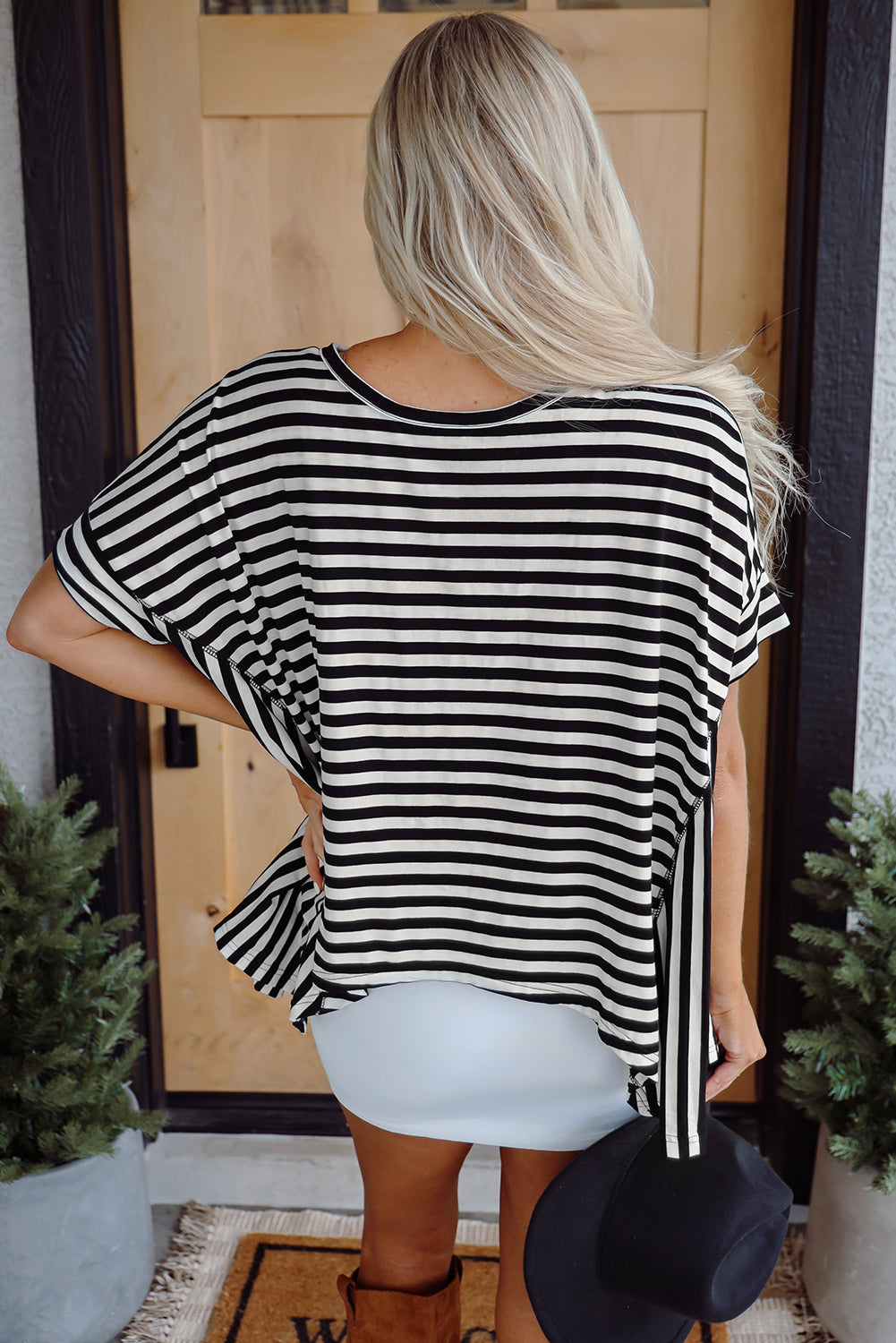 Alia Stripe Batwing Sleeve Crewneck Oversized Top