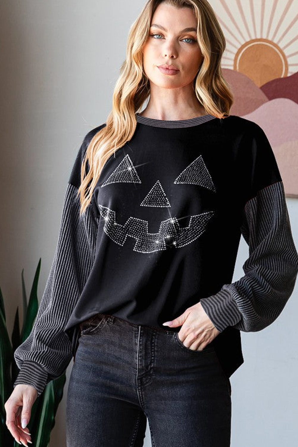 Black Halloween Rhinestone Pumpkin Patchwork Ribbed Top