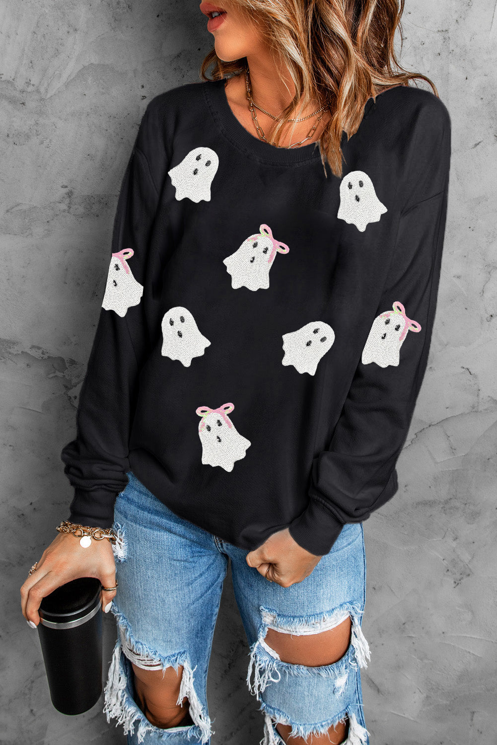 Black Sequin Bow Ghost Graphic Crew Neck Sweatshirt