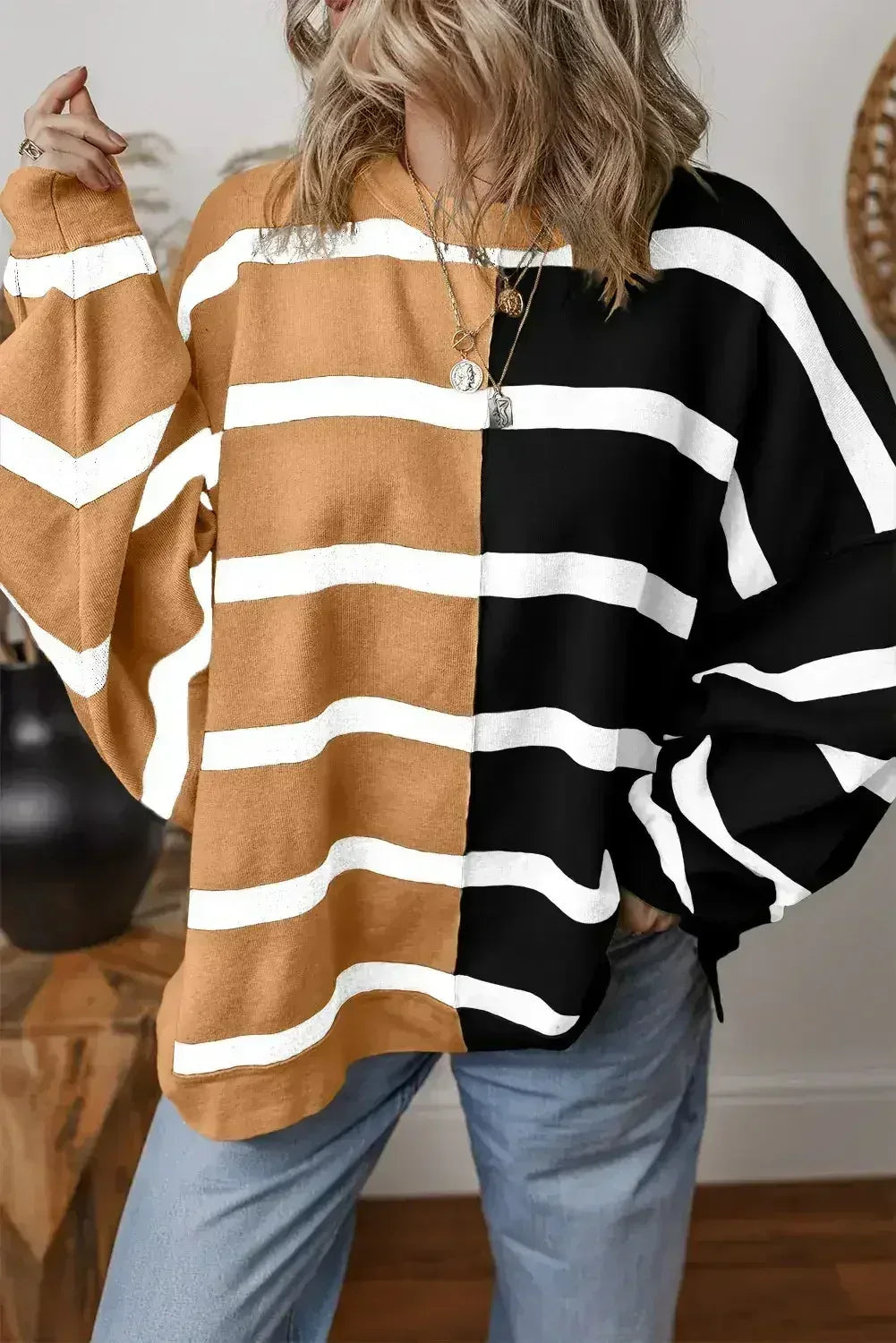 Pink Striped Patchwork Drop Shoulder Sweater