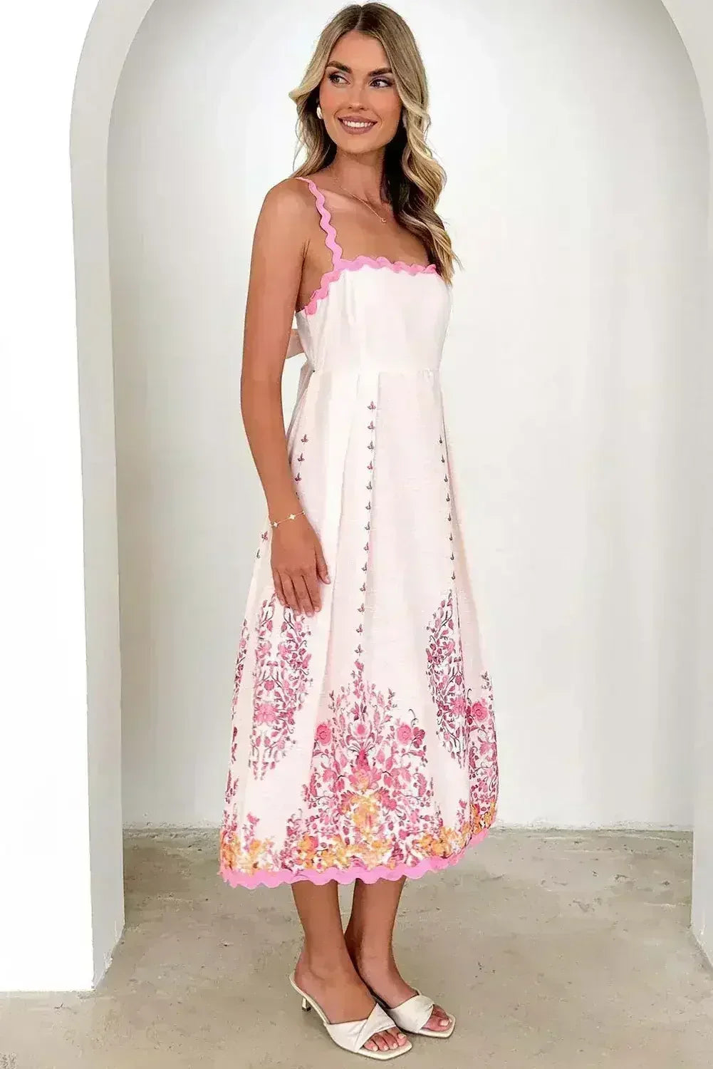 Pink Floral Ric Rac Spaghetti Strap Backless Dress