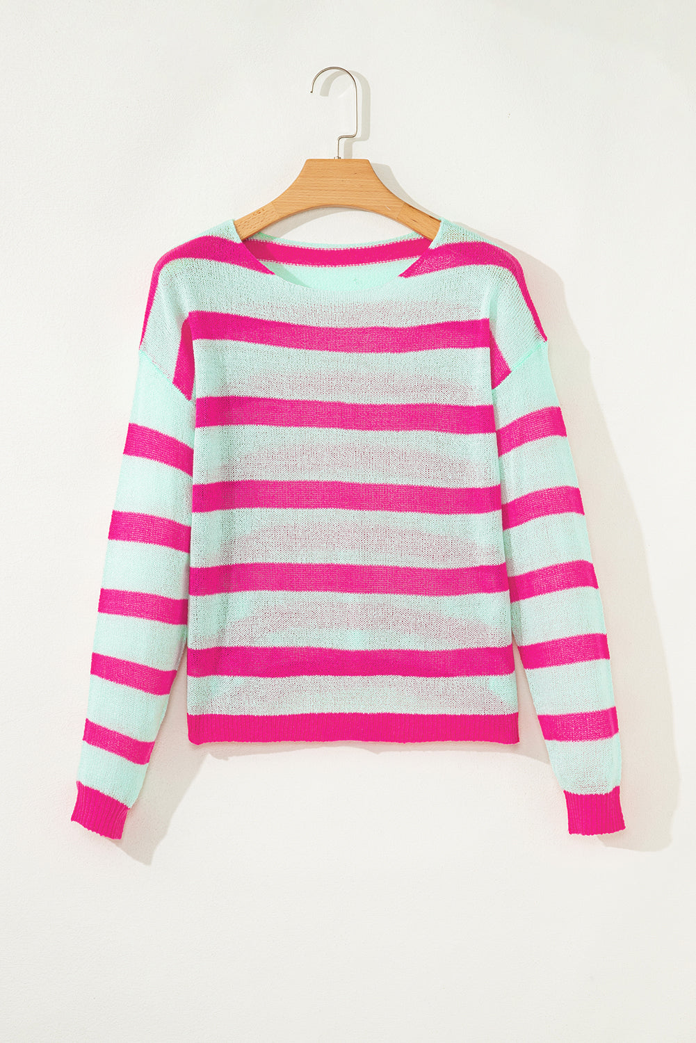 Green Striped Colorblock Knit Sweater With Round Neck