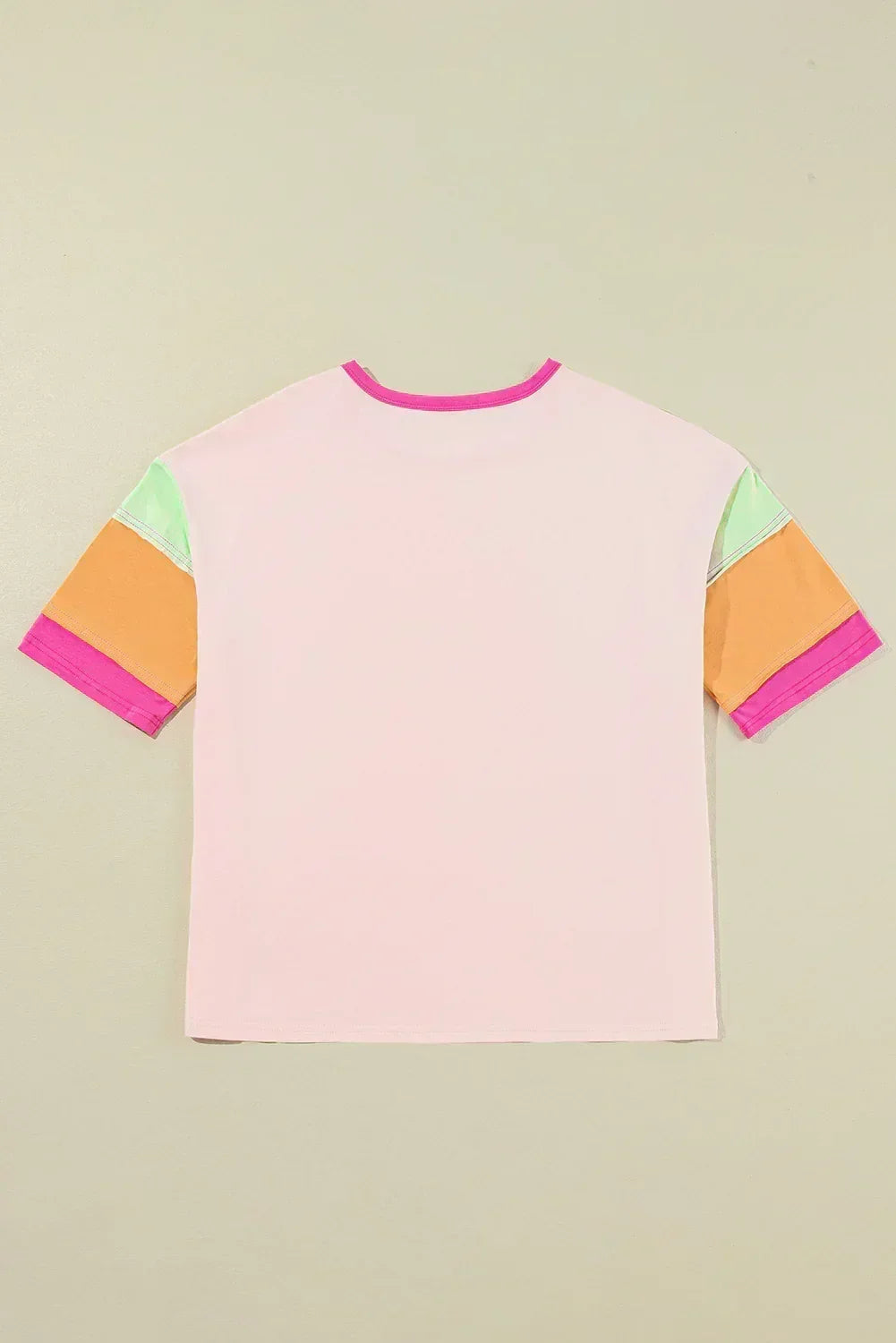 Pink Colorblock Sleeve Rhinestone Bow Football Print T Shirt