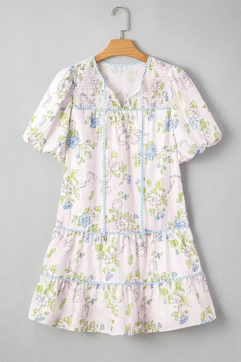 Pink Floral Striped Print Contrast Trim Tie Split Neck Mini Dress