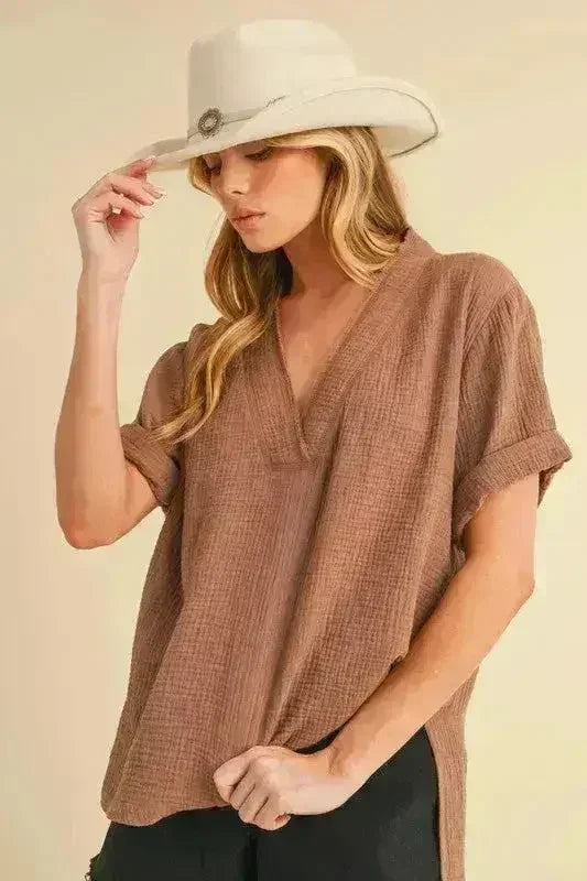 Aemi + Co Side Slit V-Neck Short Sleeve Blouse | Femstylo