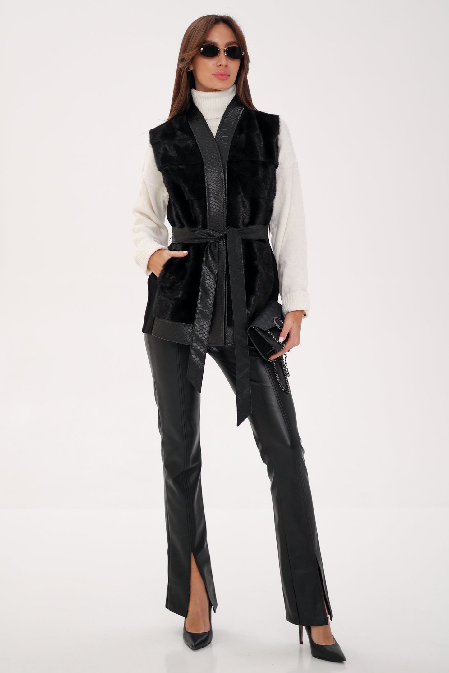 Genuine Mink Fur Leather Trim Wool Vest