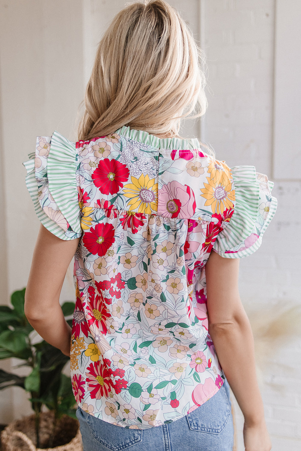 Anne Floral Ruffle Trim Short Sleeve Blouse