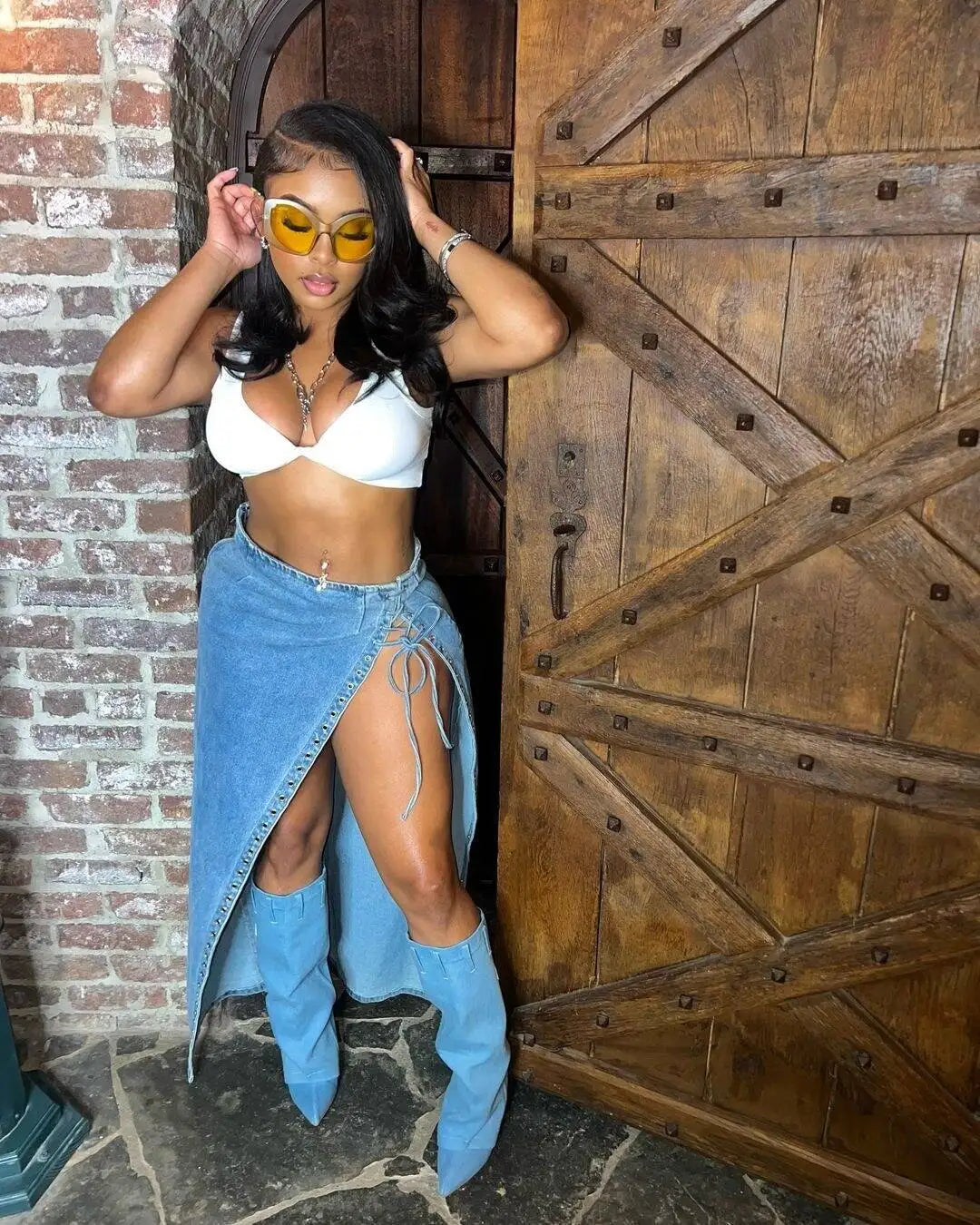 lace up Skirts For Women Elegant High Waisted Denim Skirt For Women Summer Chic Asymmetrical Split Hem Slimming Mid side spit Sk