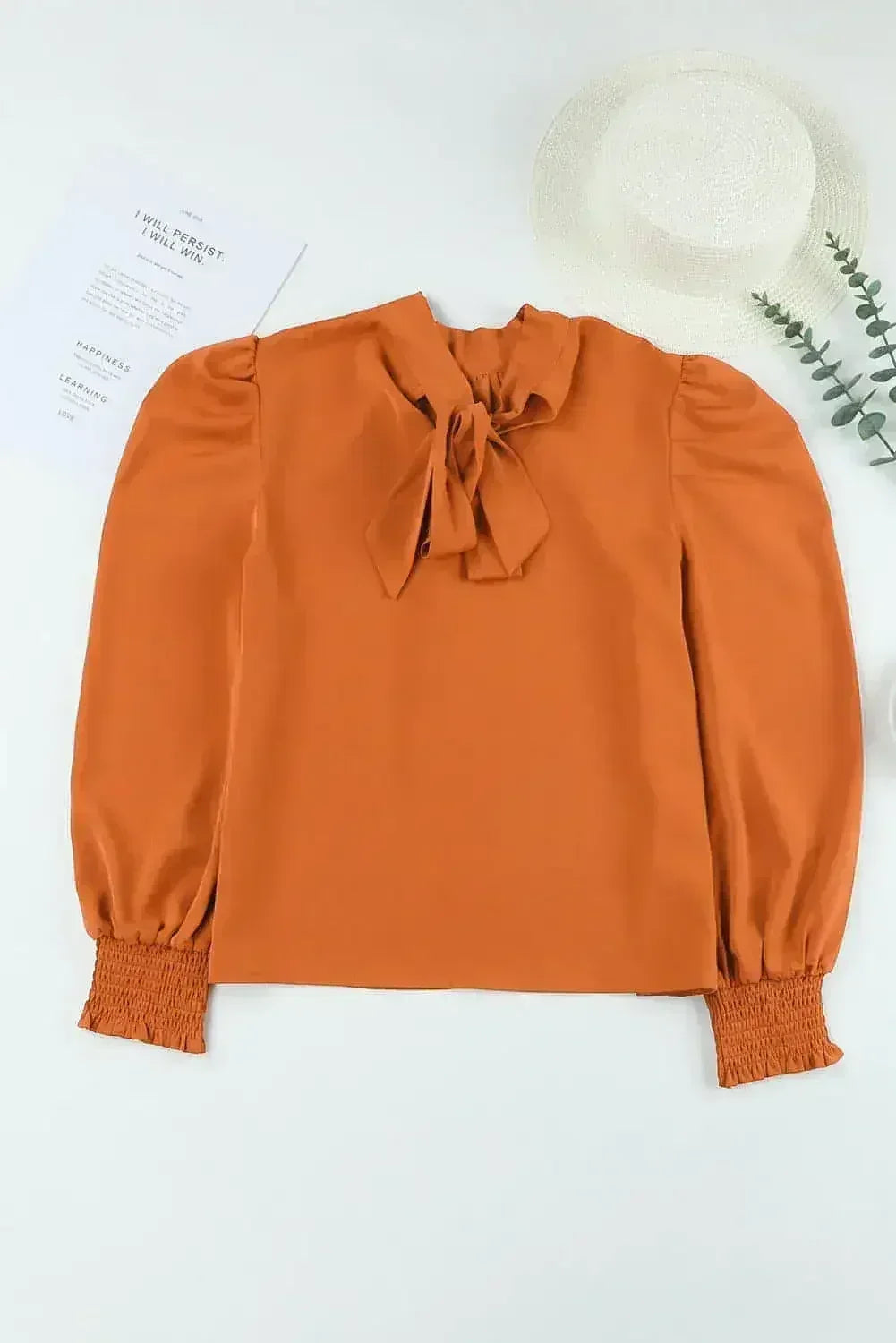 Orange Chiffon Blouse - Bubble Sleeves & Mock Neck | Femstylo