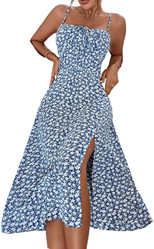 Sundresses - Floerns Women's Summer Split Thigh Spaghetti Strap Cami Midi Floral Dress