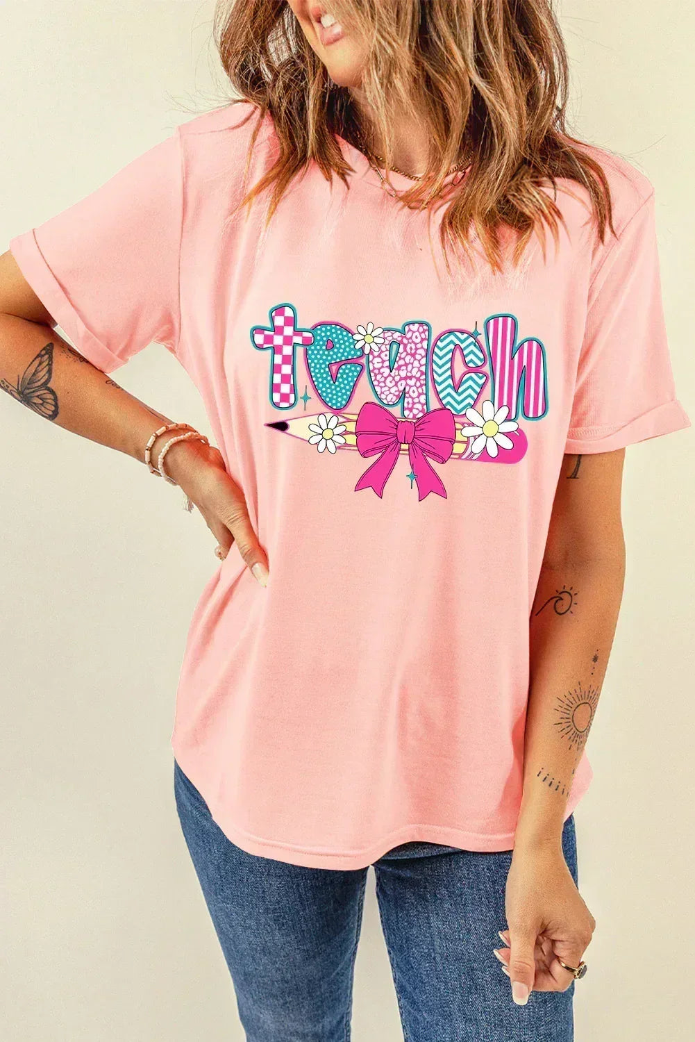 Pink Retro Checkered teach and Bow Pencil Graphic T Shirt