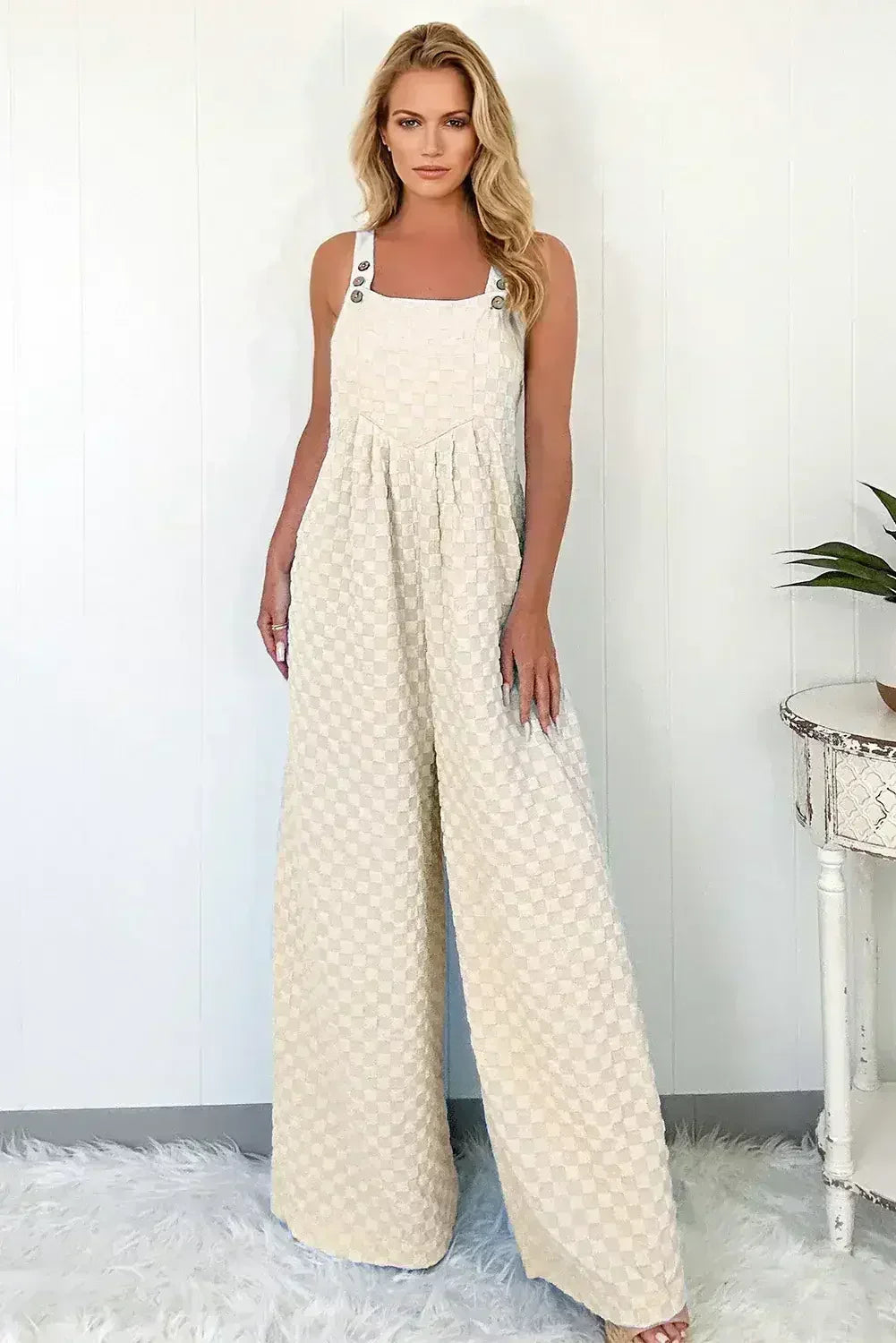 Beige Checkered Pocket High Waist Wide Leg Overall