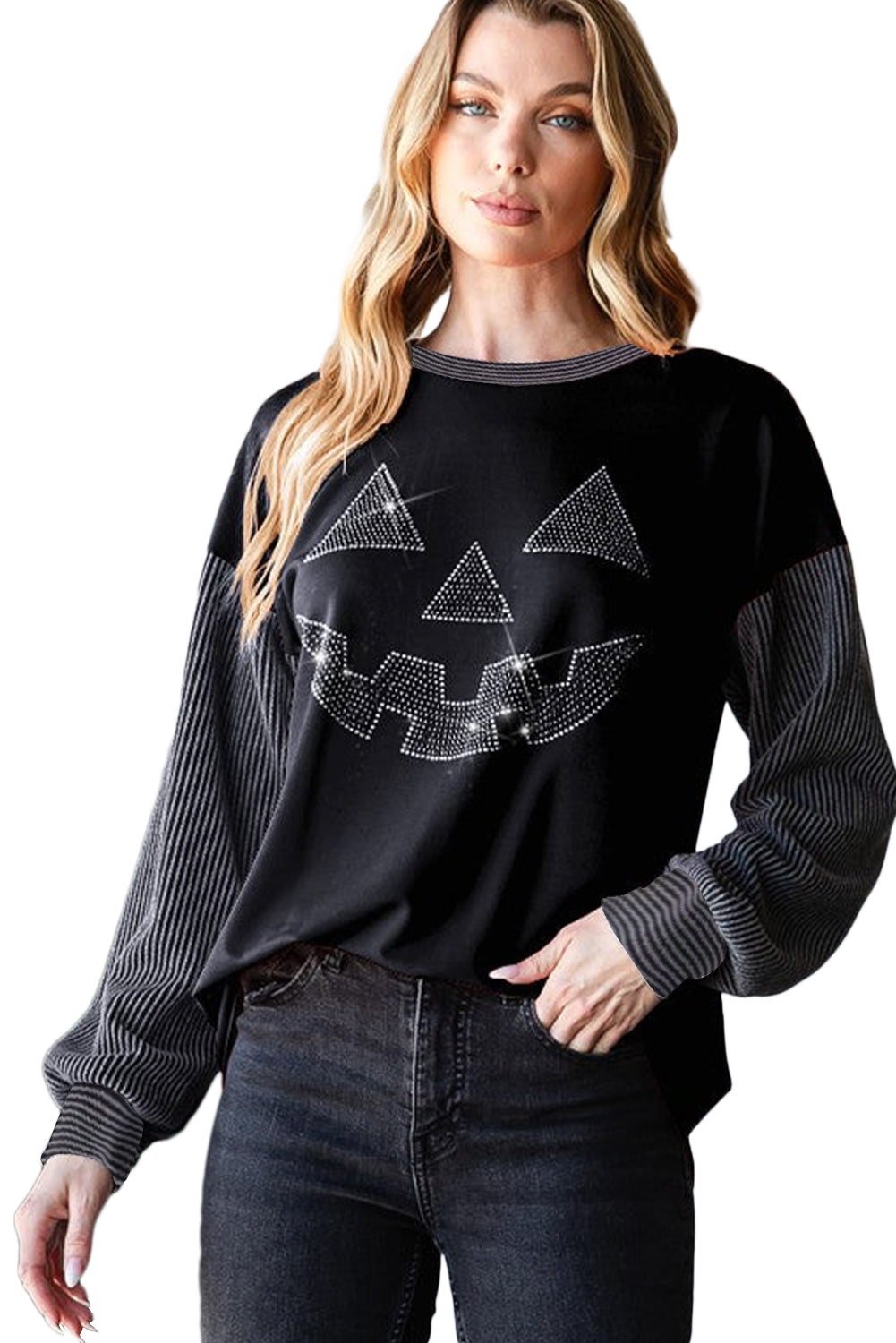 Black Halloween Rhinestone Pumpkin Patchwork Ribbed Top