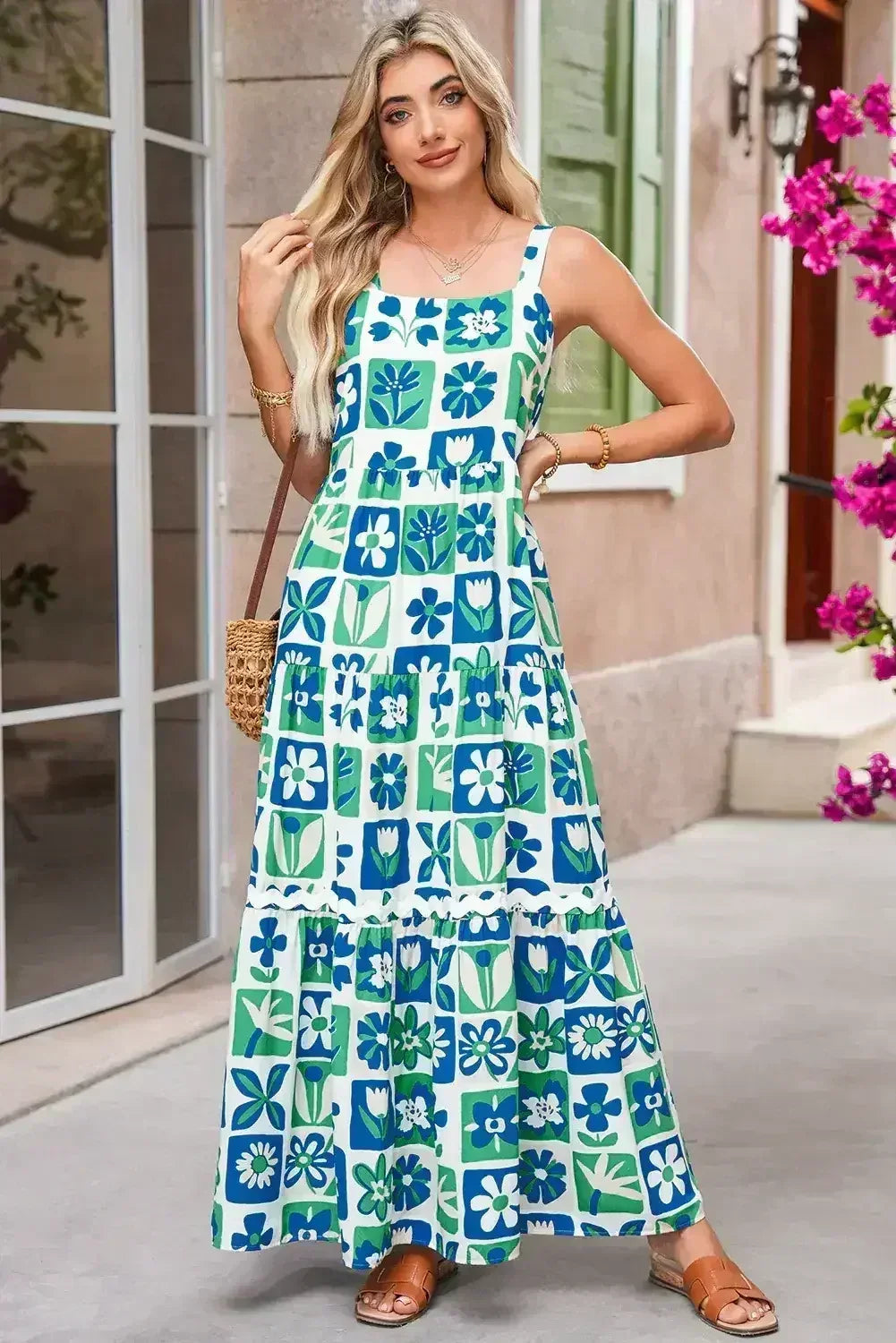 Multicolour Boho Floral Checkered Maxi Dress