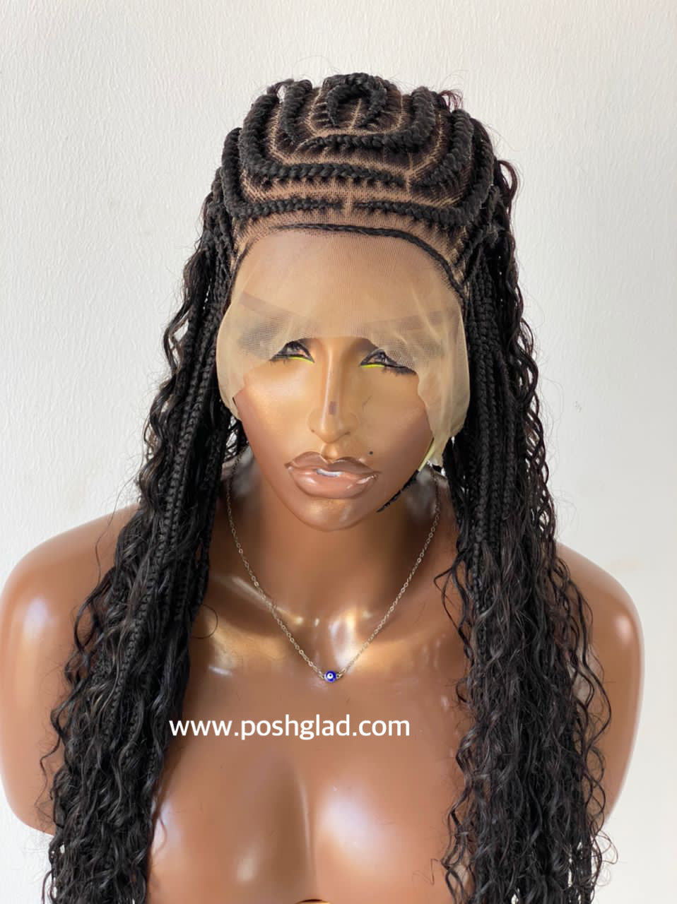 French Braid Bohemian Cornrow Wig, 100% Human Hair, Full Lace, Black Color - Dash (Tara)
