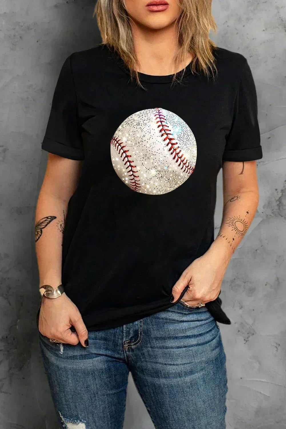 Black Heat Transfer Baseball Print Cotton Blend T Shirt