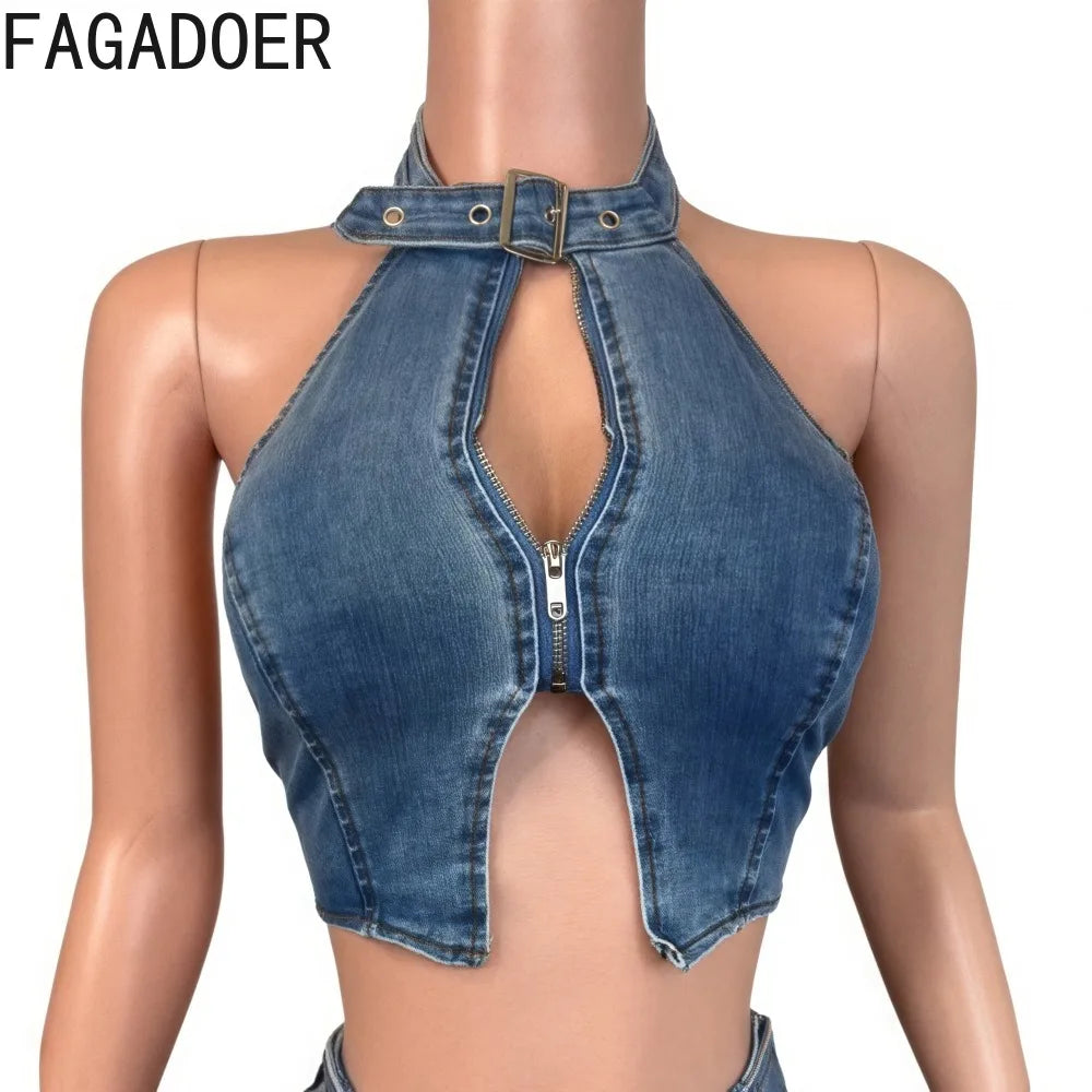 FAGADOER Y2K Sexy Denim 2 Piece Sets Woman Outfit Zipper Sleeveless Backless Halter Crop Top and Shorts Suits Female Streetwear