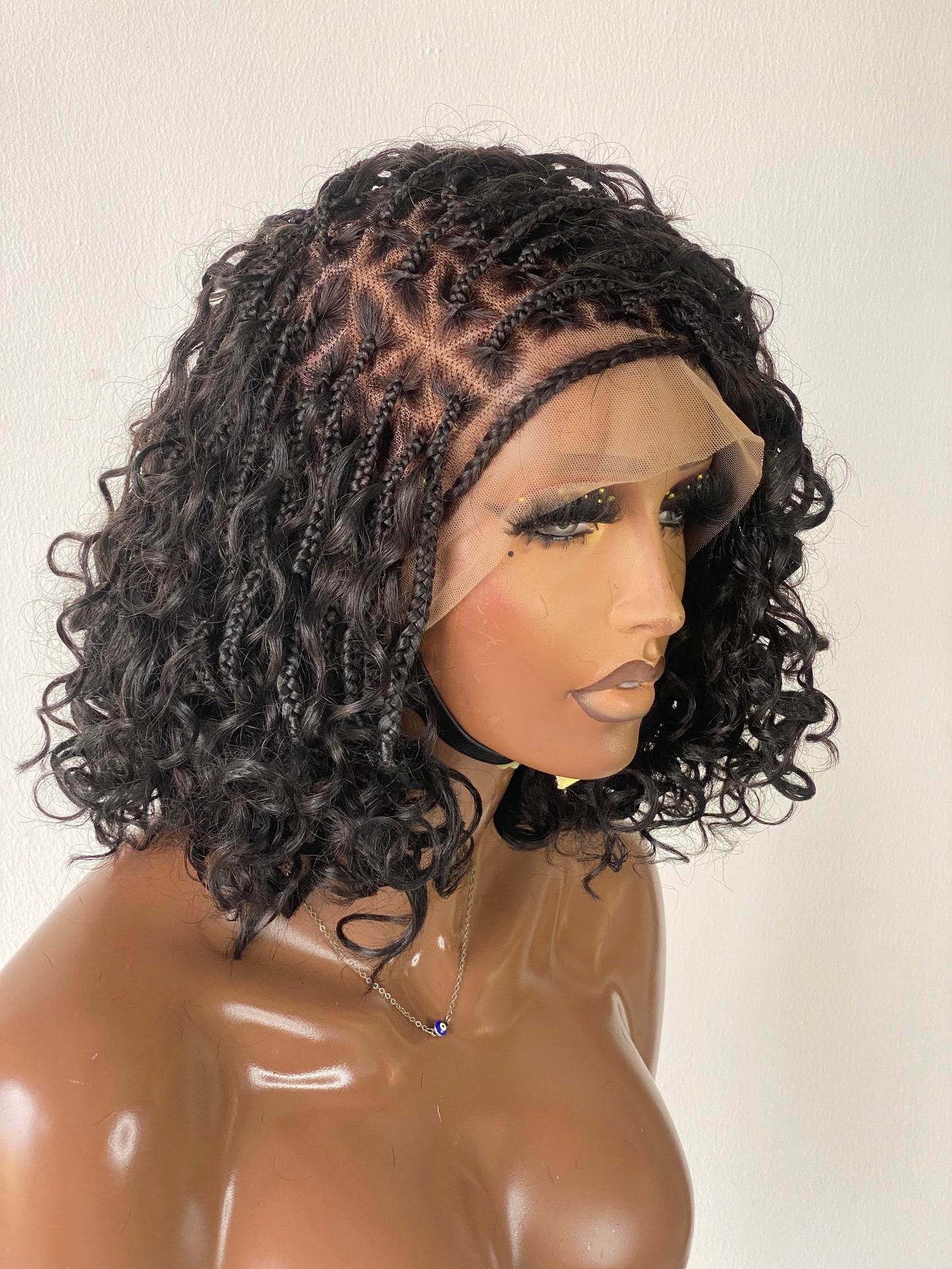 Bob Bohemian Knotless Wig (Human Hair Curls) HD Full Lace, Black Color