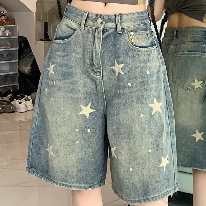 Women High Waist American Retro Washed Wide Leg Jeans Girls Street Do Old Star Loose Denim Pants Female Blue Knee Length Shorts