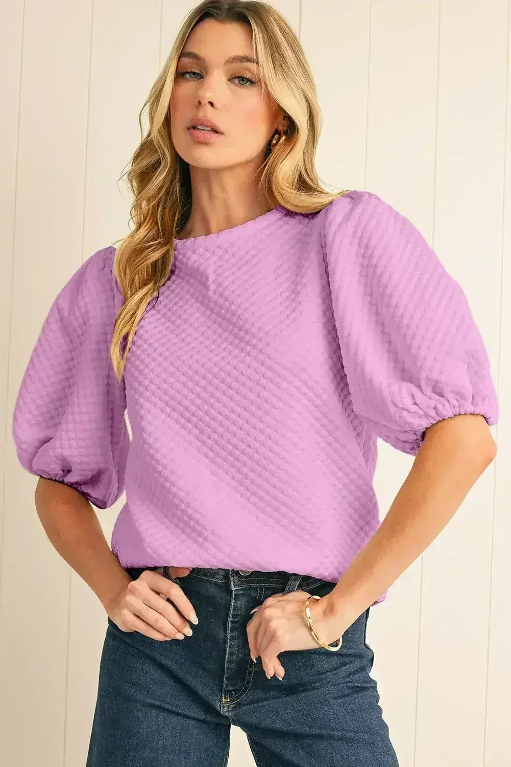 Phalaenopsis Solid Textured O Neck Puff Sleeve Blouse | Femstylo