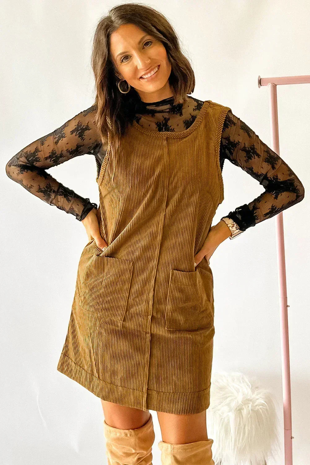 Black Corduroy Exposed Seam Sleeveless Mini Dress