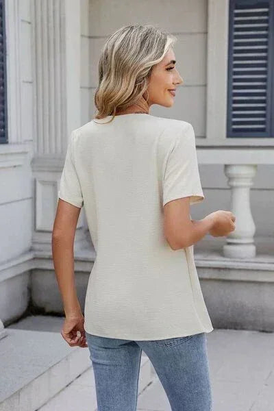Out of State - Solid Color Surplice Short Sleeve Blouse