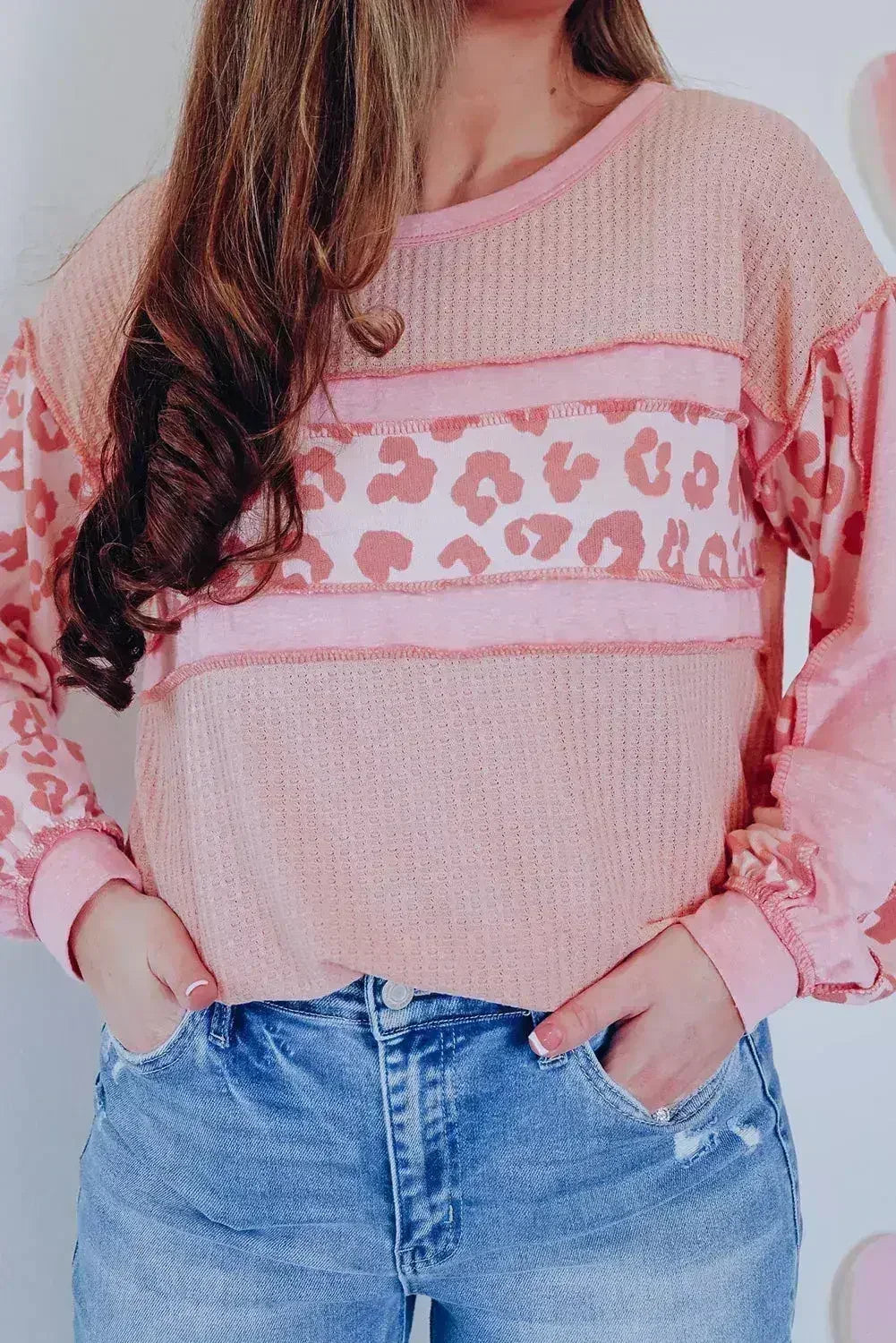 Pink Leopard Patchwork Waffle Top - Edgy Knitwear | Femstylo