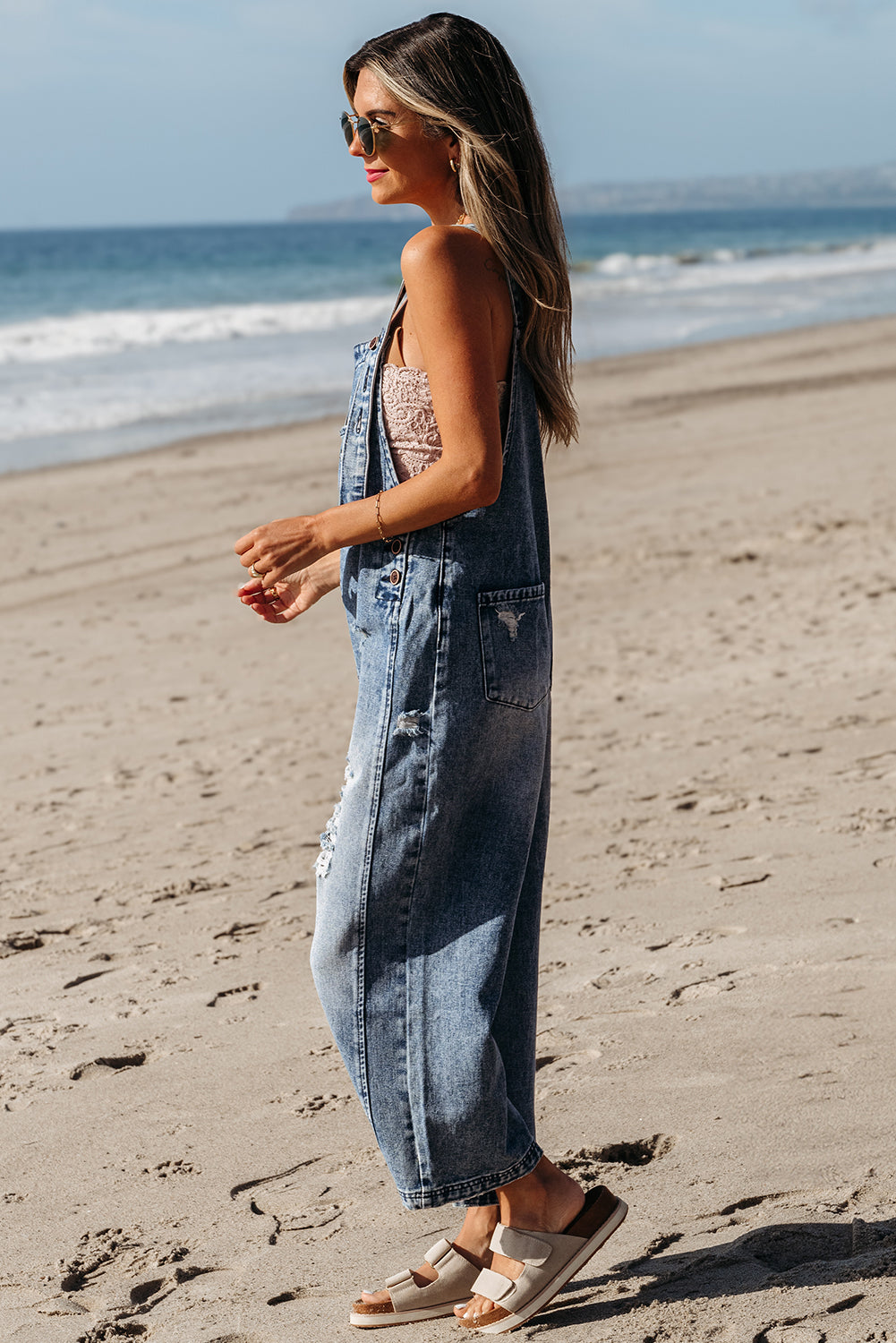 Baylor Distressed Bib Pocket Wide Leg Denim Overall