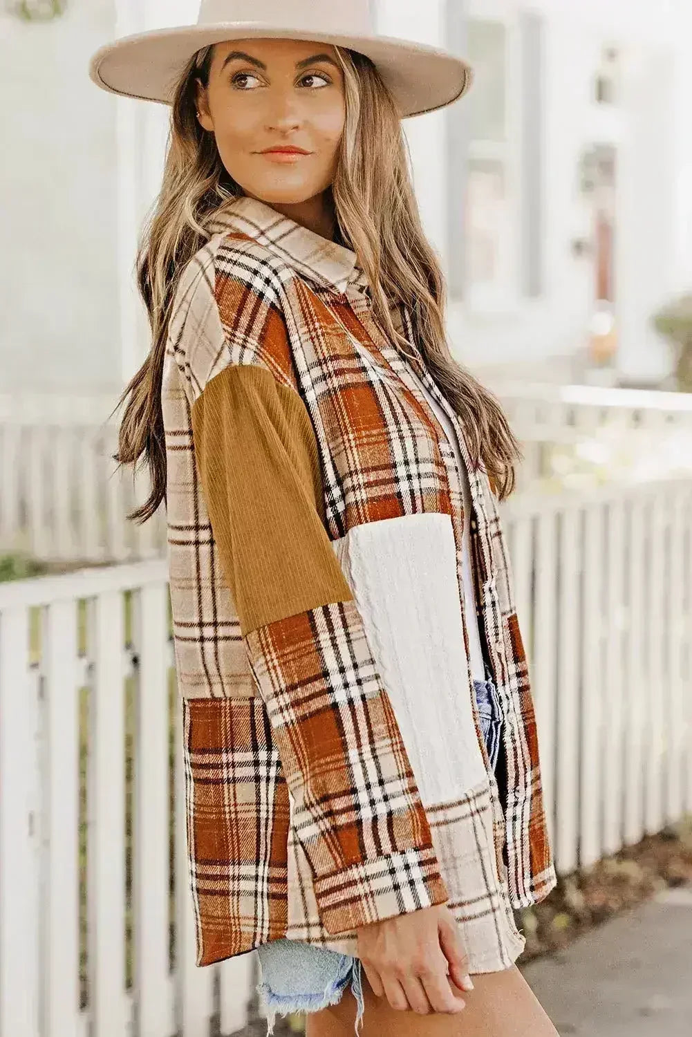Plaid Color Block Patchwork Shirt Jacket with Pocket