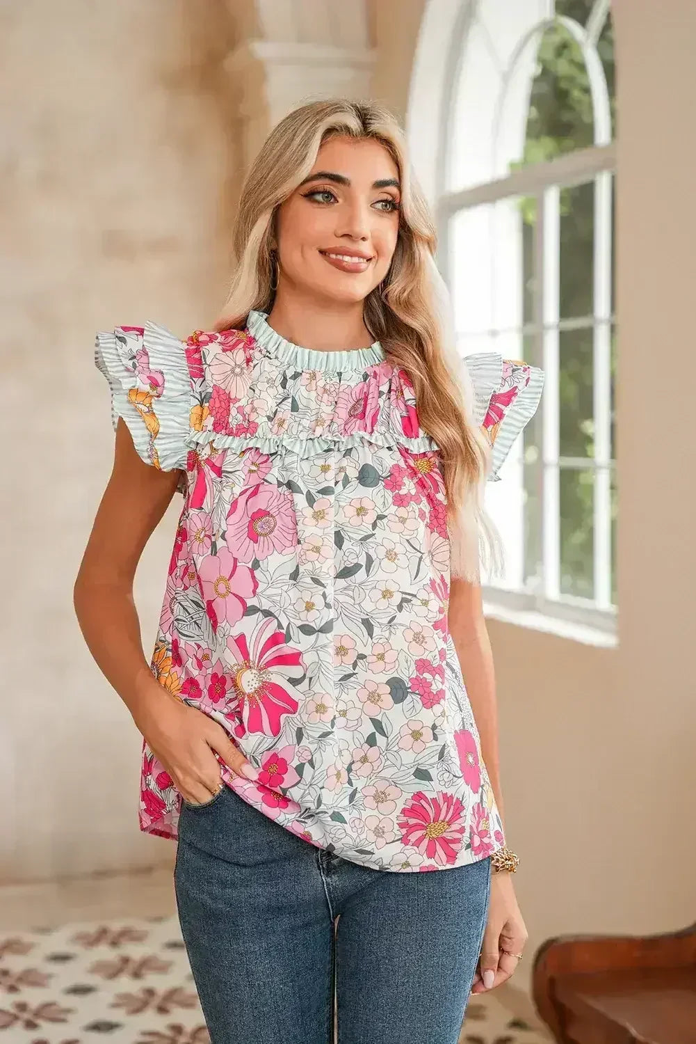 Pink Floral Print Ruffle Trim Pleated Boho Blouse | Femstylo
