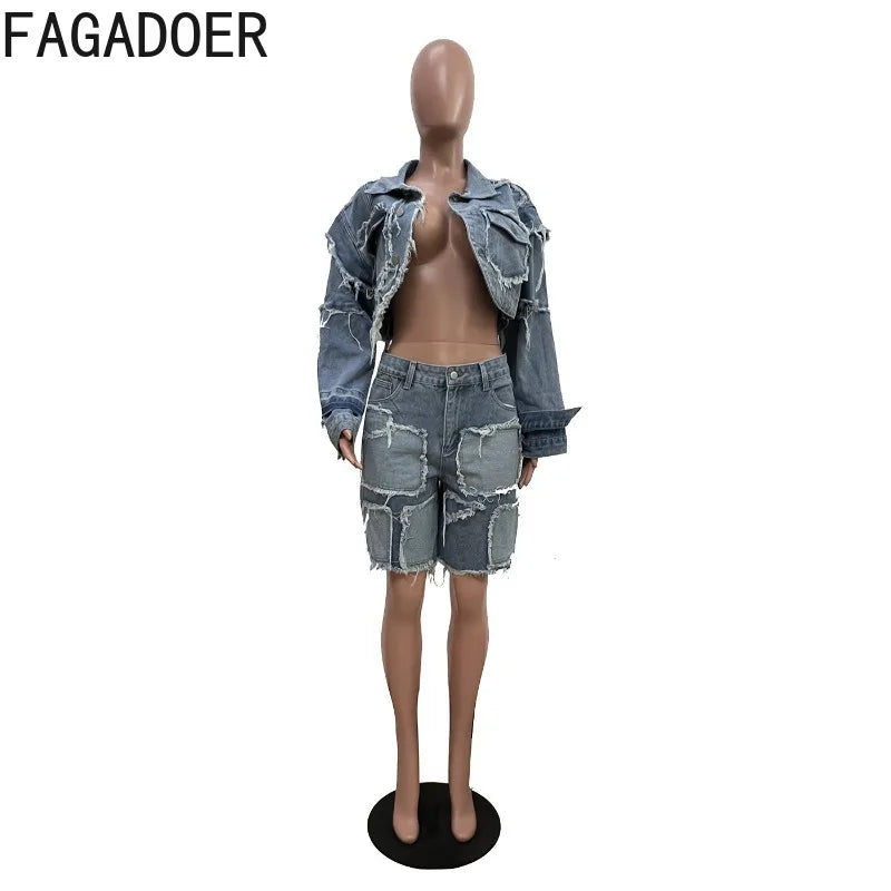 FAGADOER Summer New Fashion Denim 2 Piece Sets Woman Outfit Long Sleeves Patchwork Crop Jacket + Short Female Streetwear New