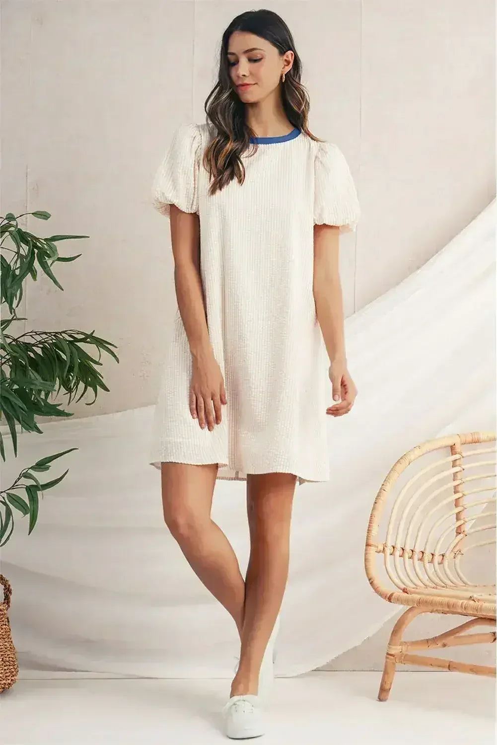 Beige Striped Print Puff Sleeve Textured Mini Dress