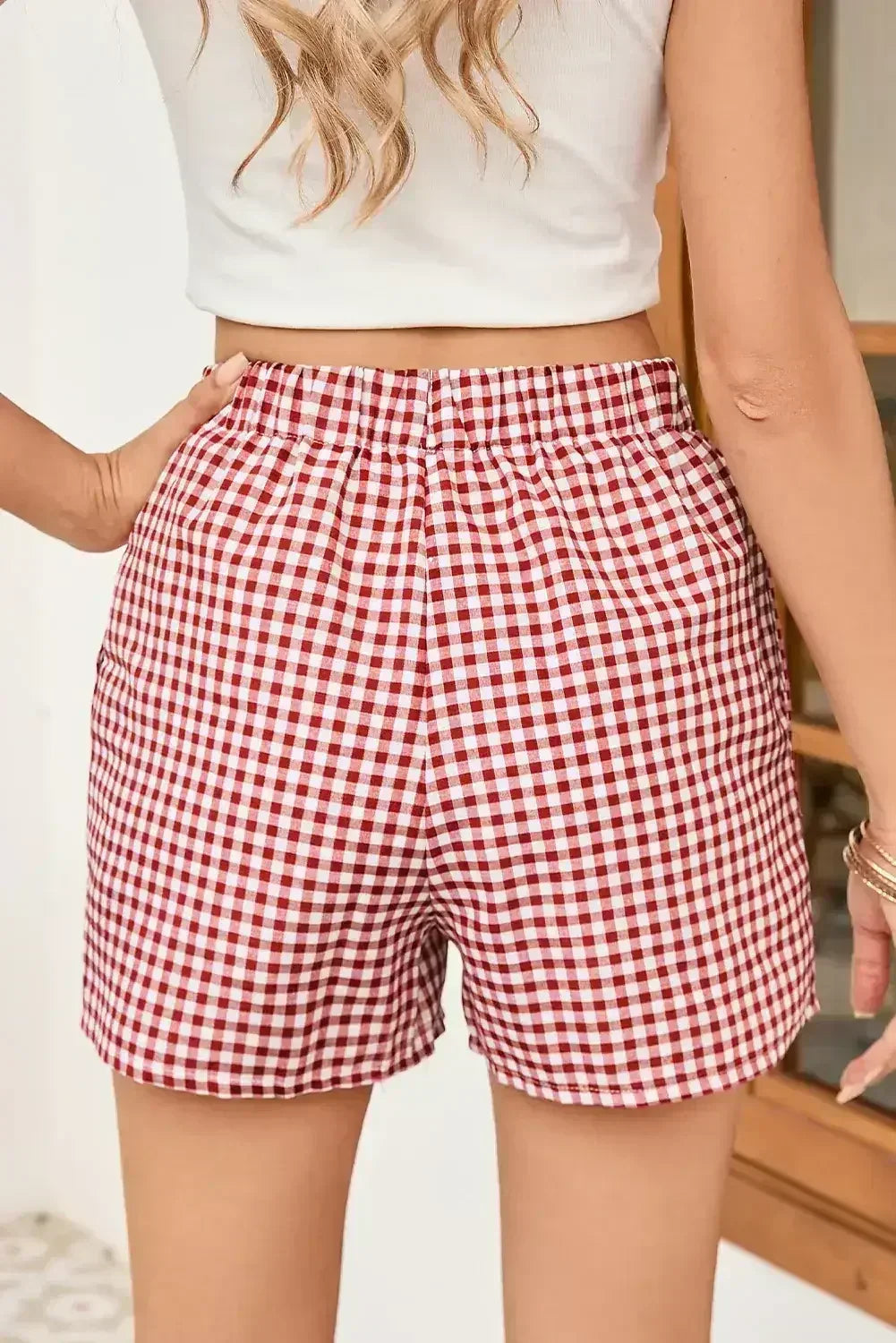 Blue Vintage Gingham Print High Waisted Loose Shorts