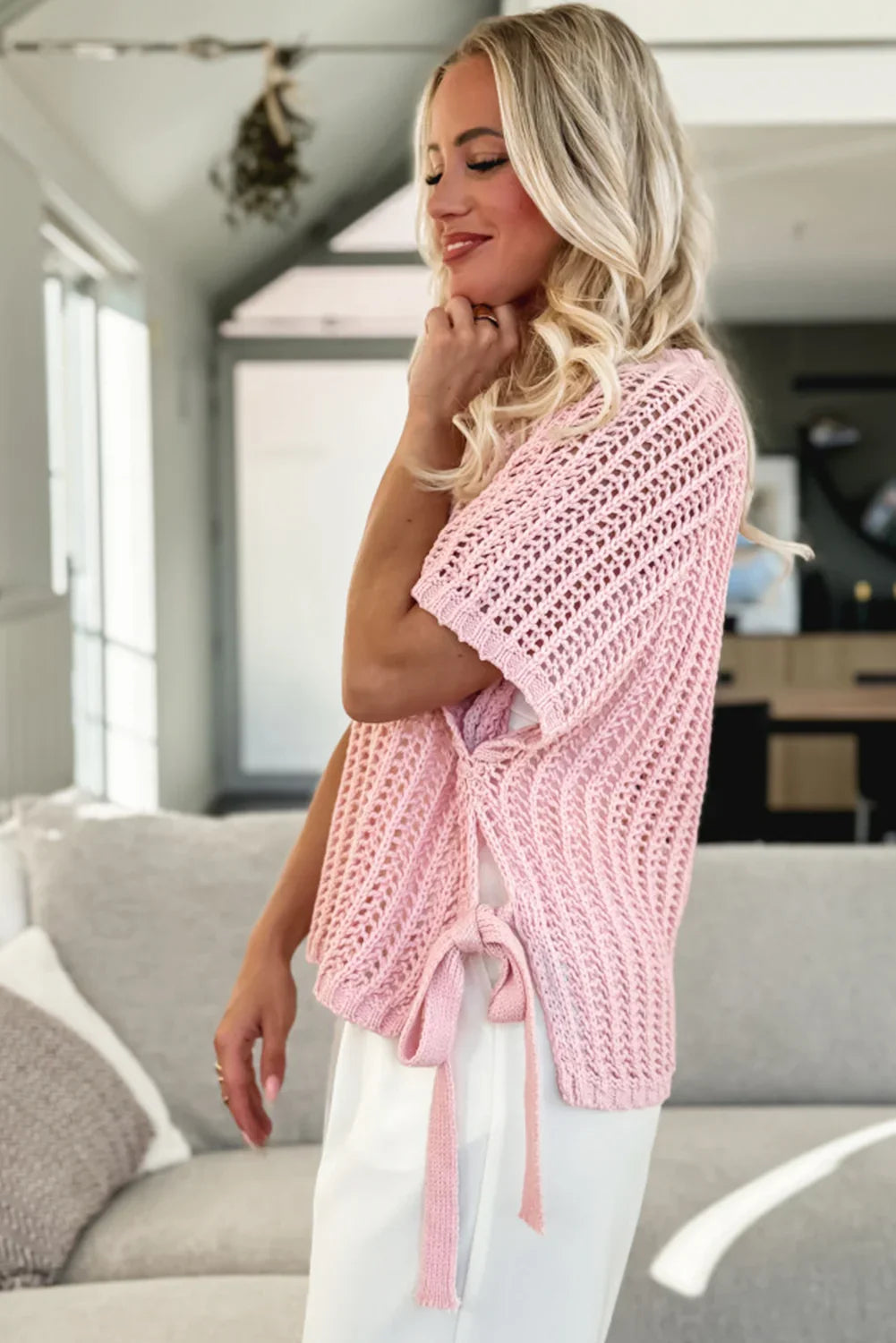 Pink Side Tie Hollow-out Crochet Knit Top