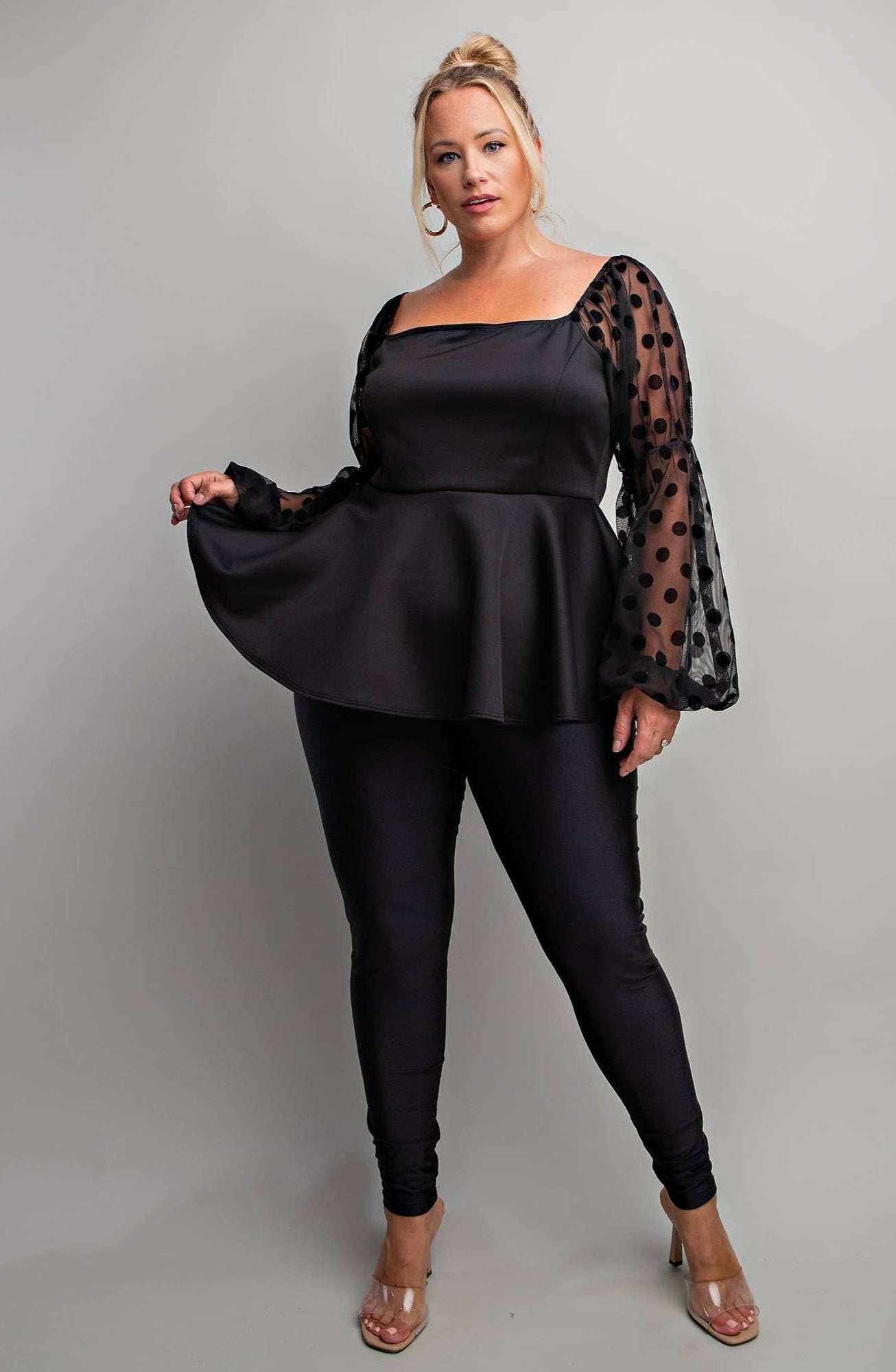 Adriana Plus Size Peplum Top With Long Balloon Sleeves & Chic Square Neckline