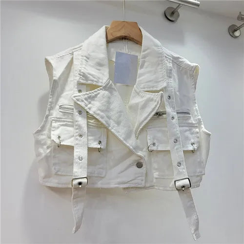 Retro Pink Large Pocket Denim Suit Spring Summer Sleeveless Short Vest High Waist Hip Wrapped Skirt 2 Pieces Sets Women Outfits