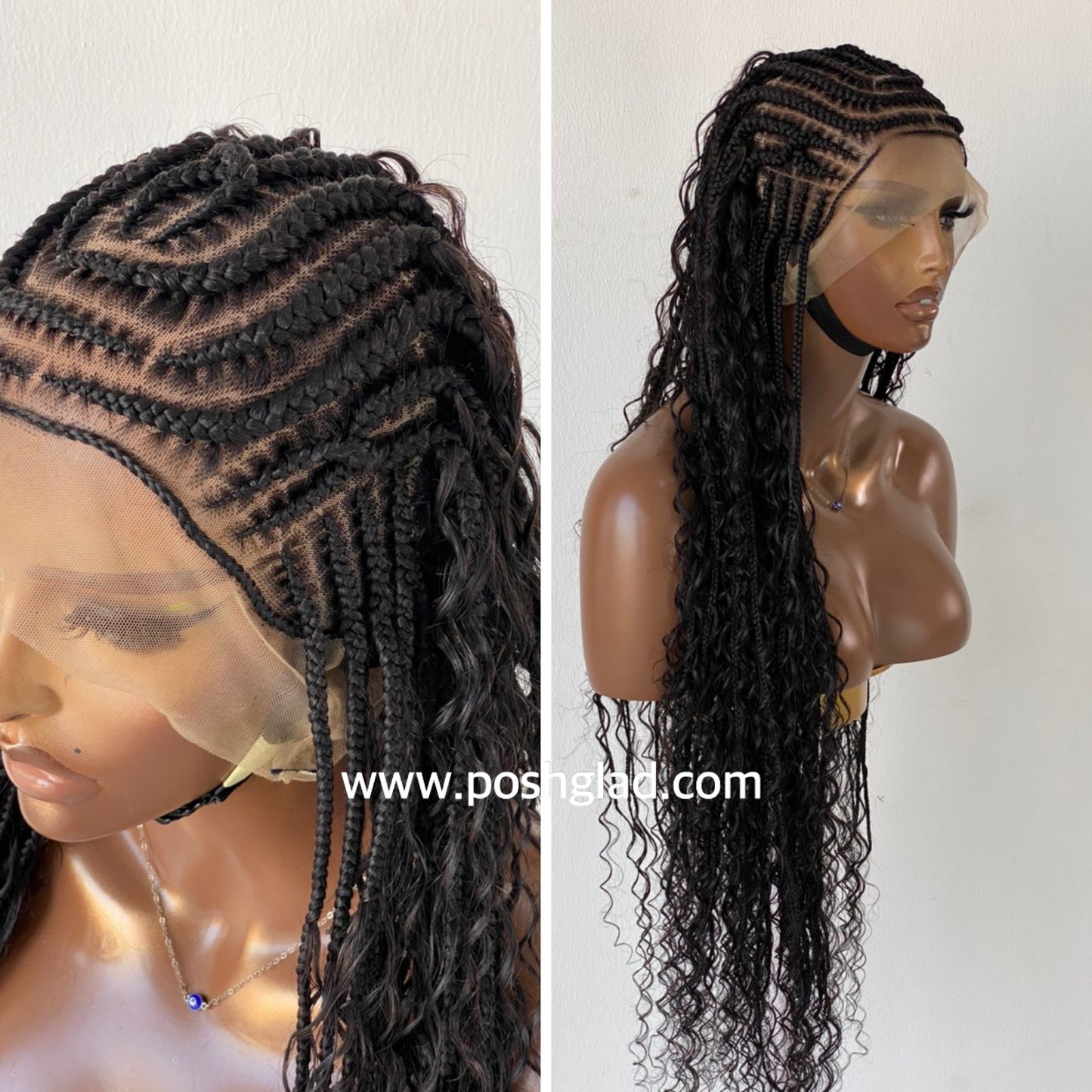 French Braid Bohemian Cornrow Wig, 100% Human Hair, Full Lace, Black Color - Dash (Tara)