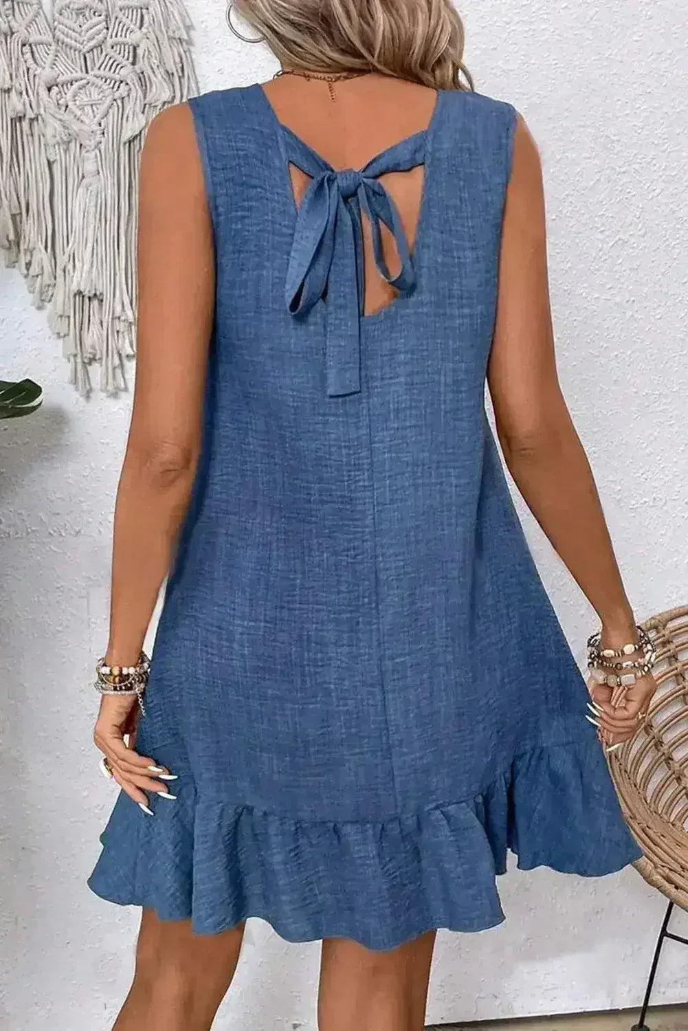 Ashleigh Blue Sleeveless Knot Backless Ruffle Hem Mini Dress