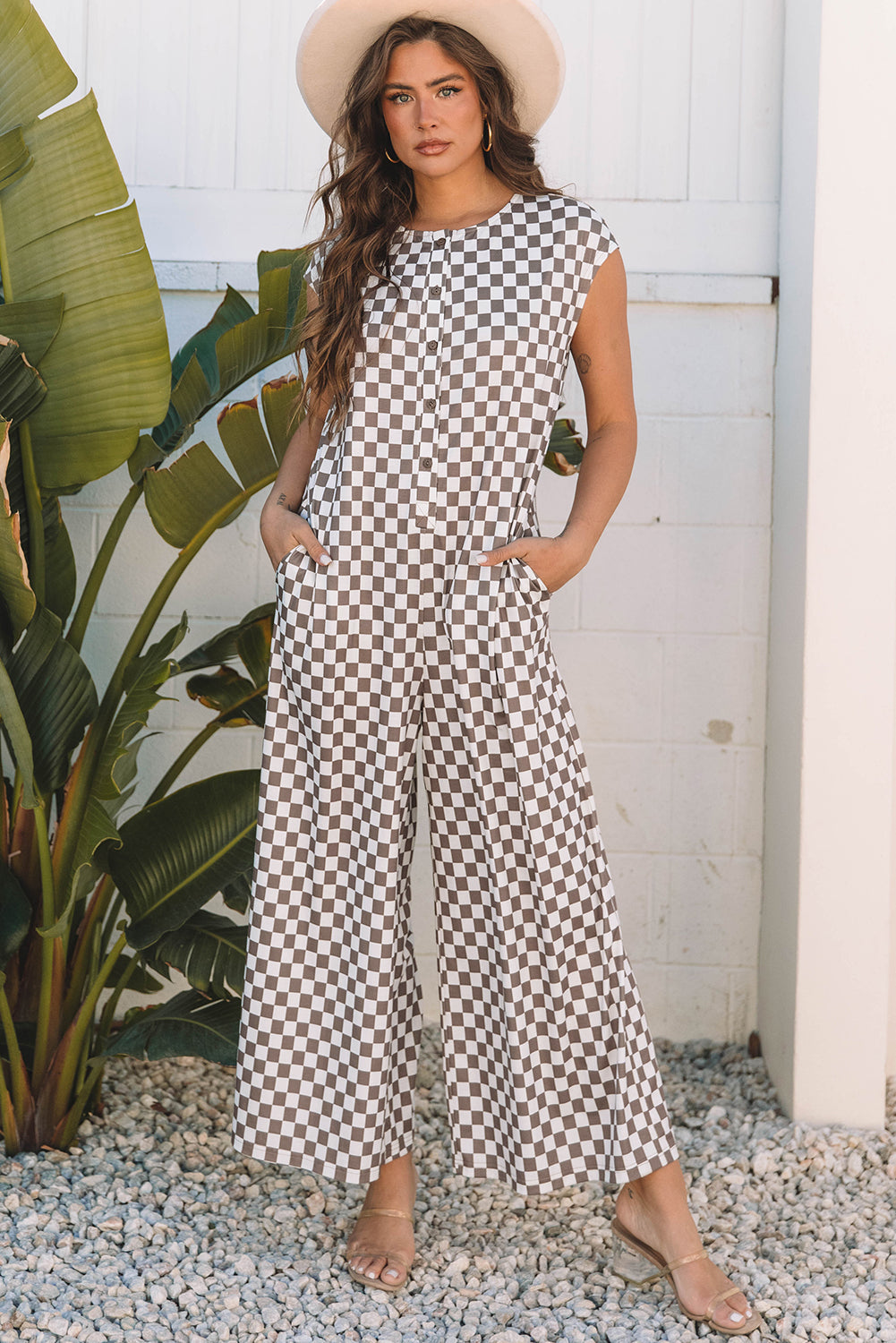 Paisley Checkered Buttoned Crew Neck Wide Leg Jumpsuit