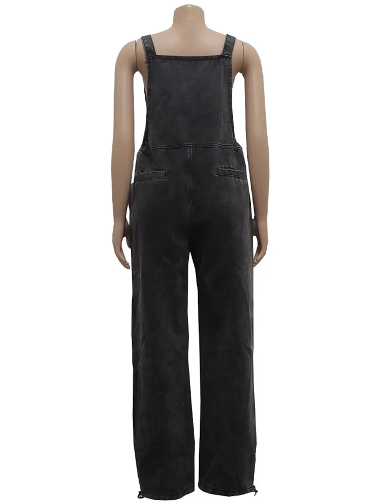 Wmstar Women's Jumpsuit Denim Cargo Pockets One Piece Outfits Wide Leg Black Fashion Streetwear Romper Wholesale Dropshipping